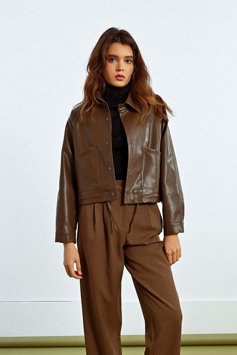 FAUX LEATHER JACKET - CHOCOLATE