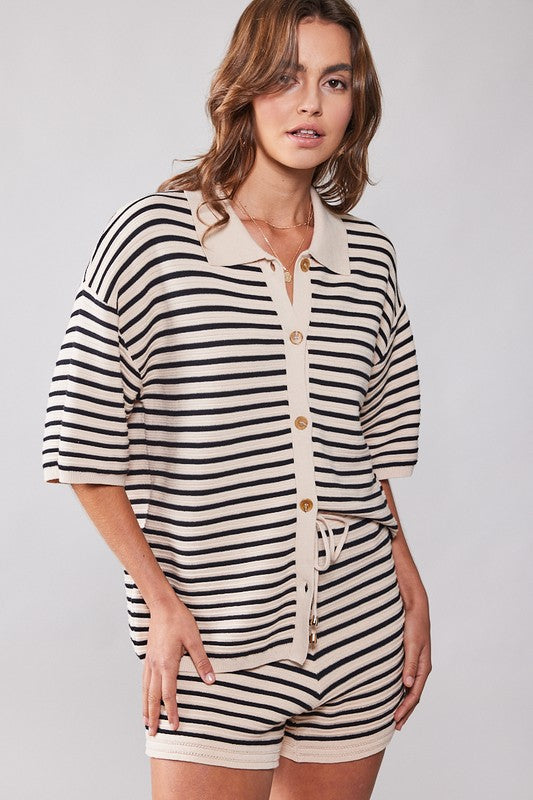 LAYLA STRIPE KNIT SHORT - TAUPE/BLACK