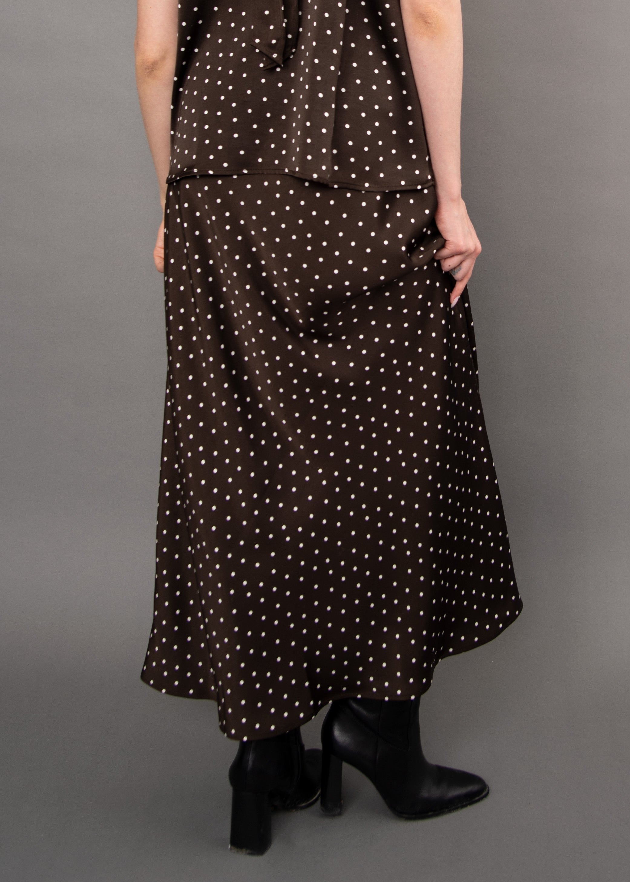ALICENT SATIN MAXI SKIRT - BROWN POLKA