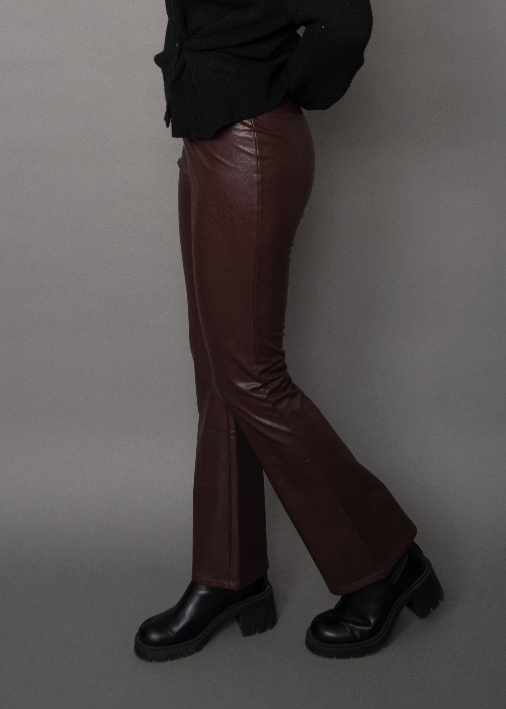 FABIANA STRETCH LEATHER FLARE PANT - BRUNETTE