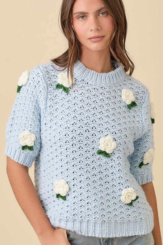 CLARE CROCHET KNIT TOP - LIGHT BLUE
