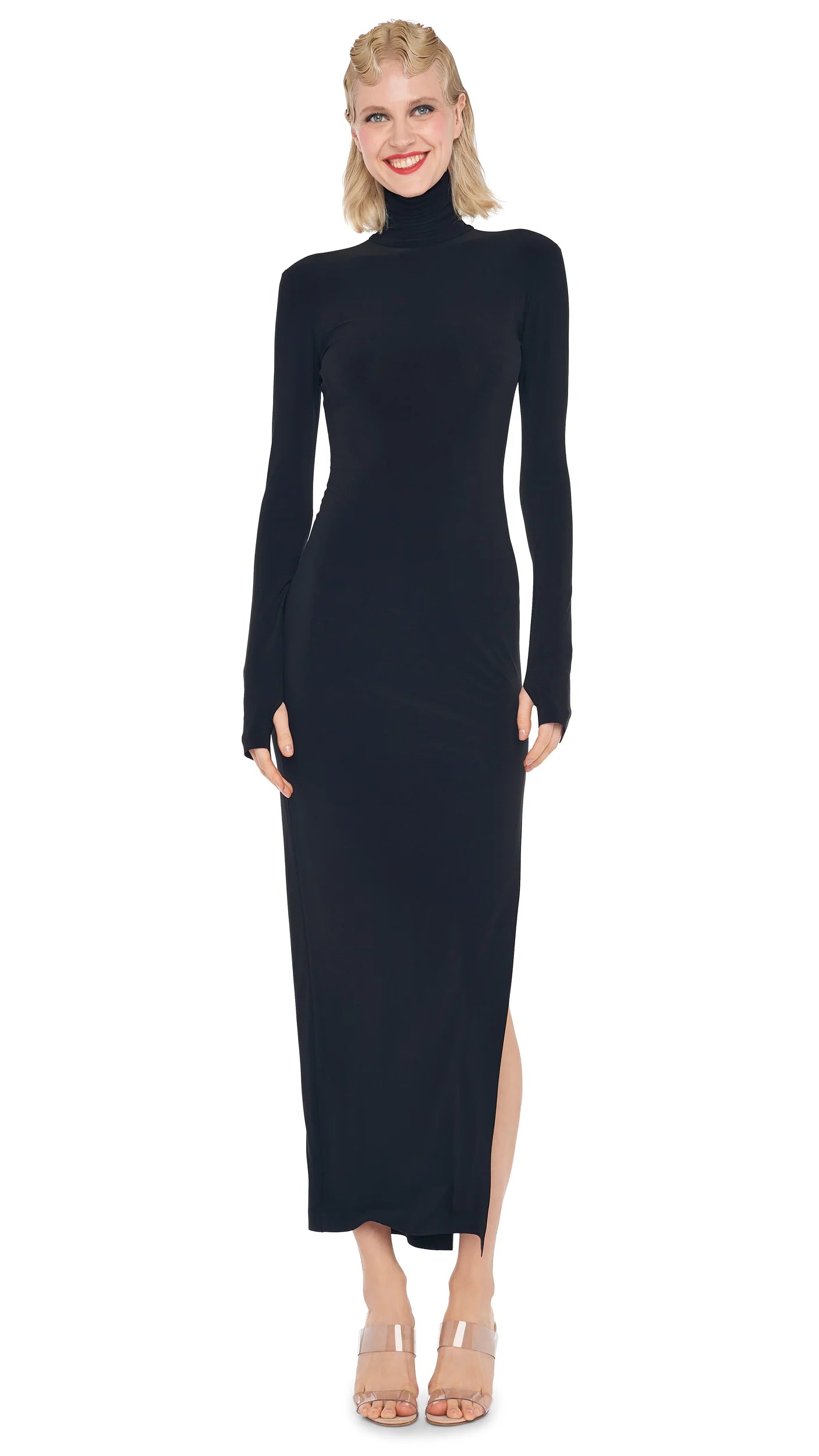 TURTLENECK SIDE SLIT GOWN - BLACK