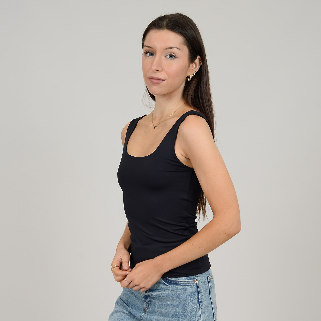 TANITH DOUBLE UNECK TANK TOP - BLACK (SECOND SKIN)