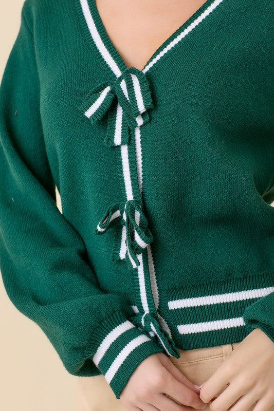 AMY BOW CARDIGAN - HUNTER GREEN