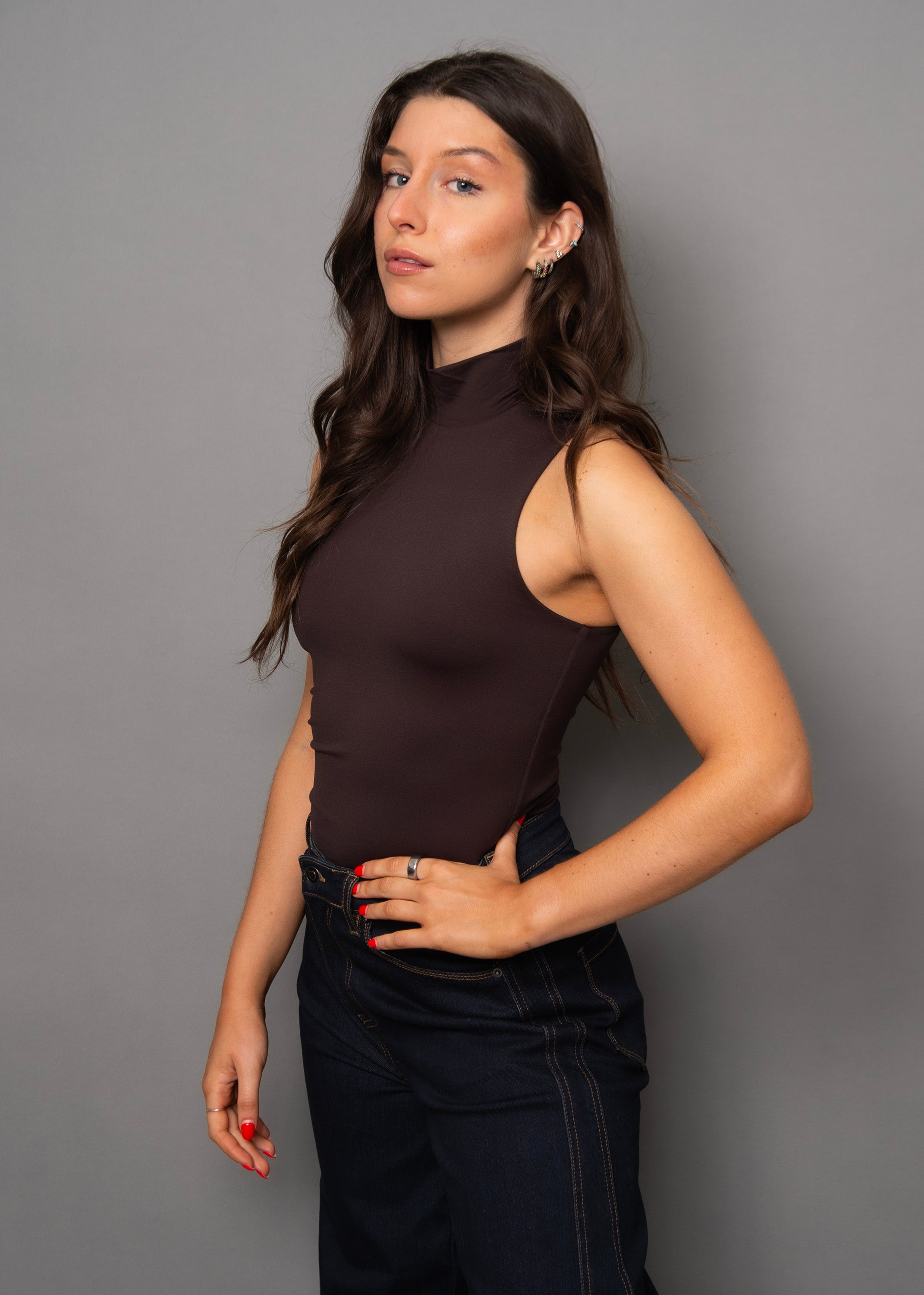 MIKA MOCK NECK TOP - DARK WALNUT