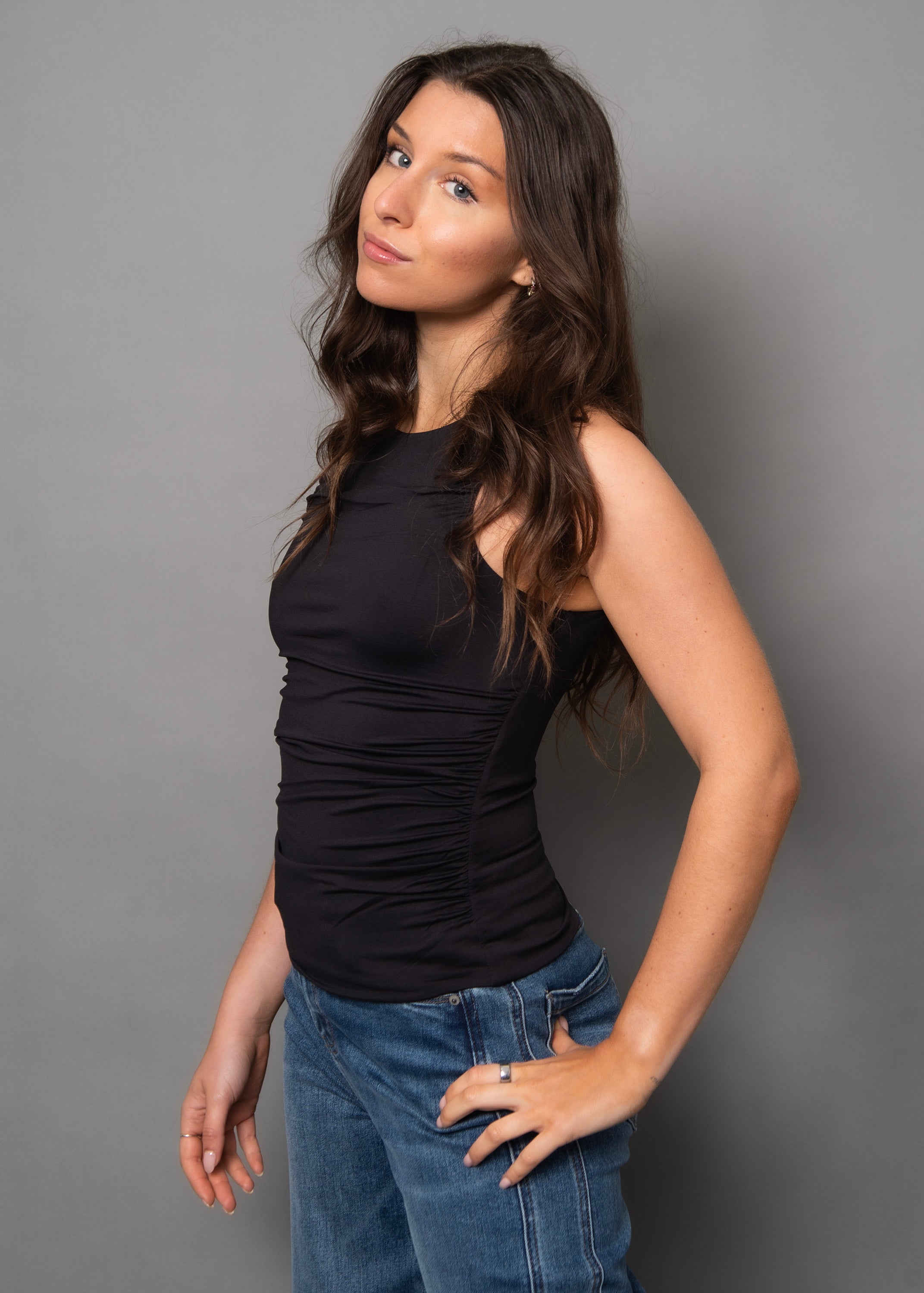 RIMA SHIRRED TANK TOP - BLACK
