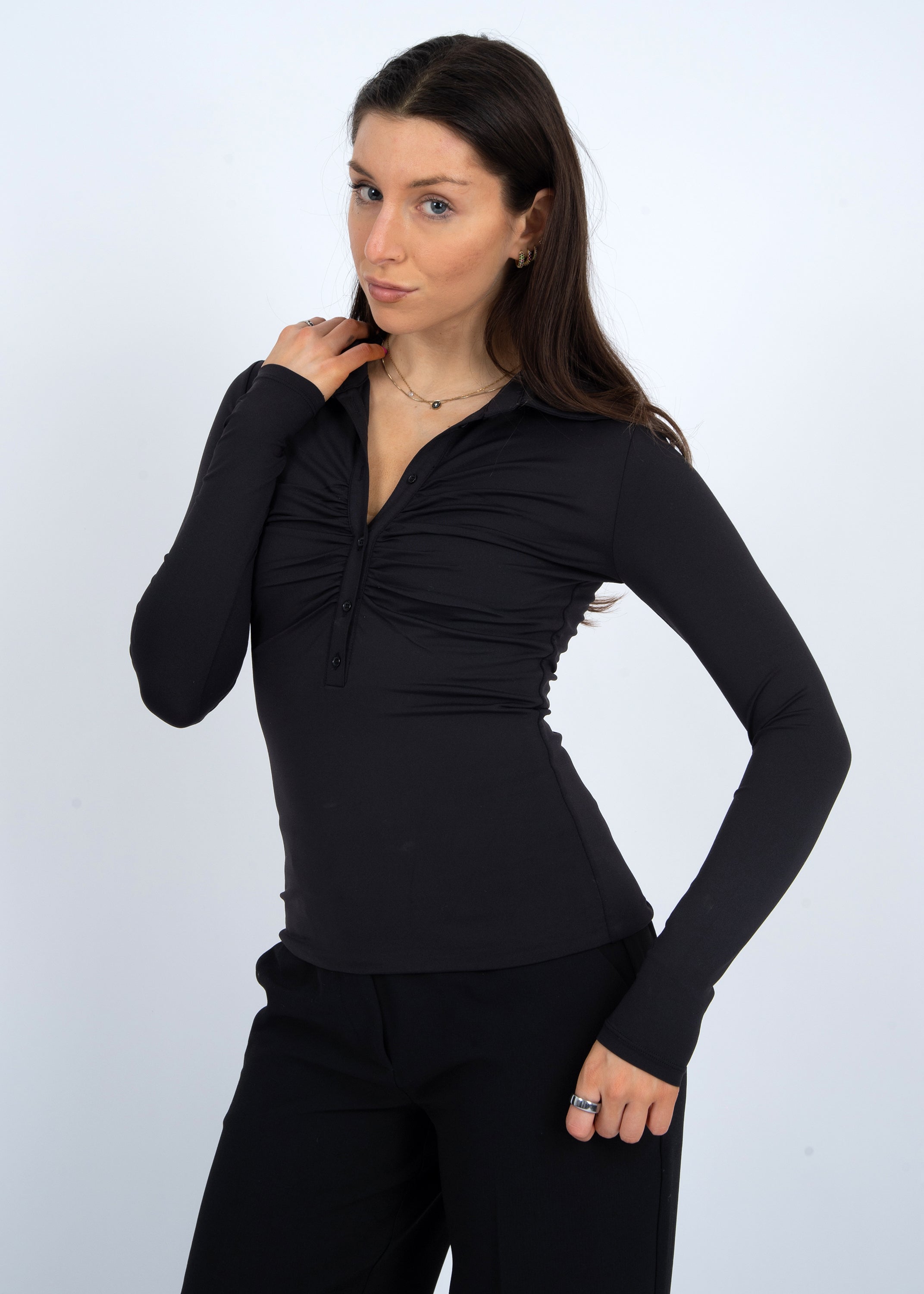 JORI SHIRRED BUTTON UP TOP - BLACK