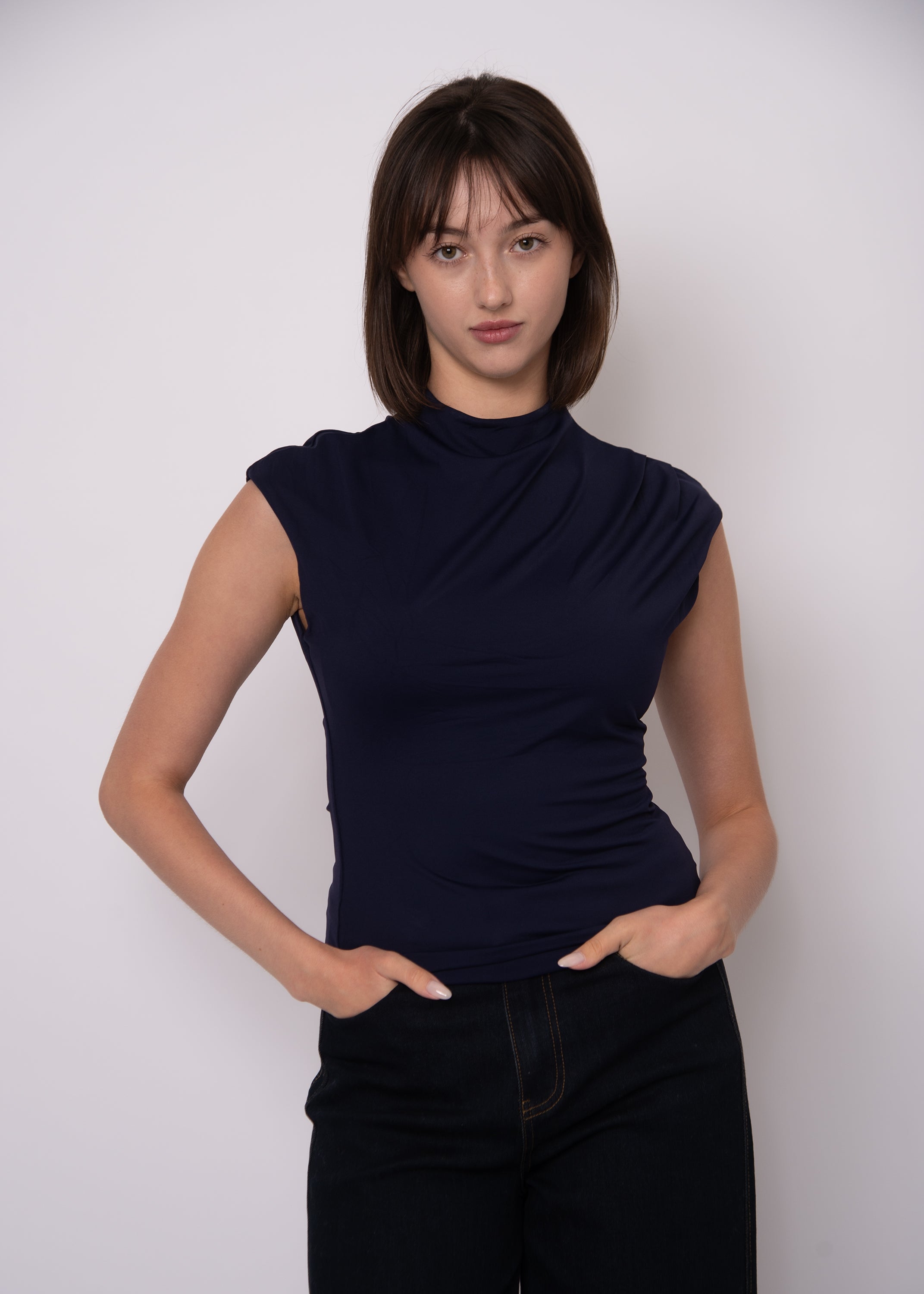 YVETTE FUNNEL NECK TOP - NAVY