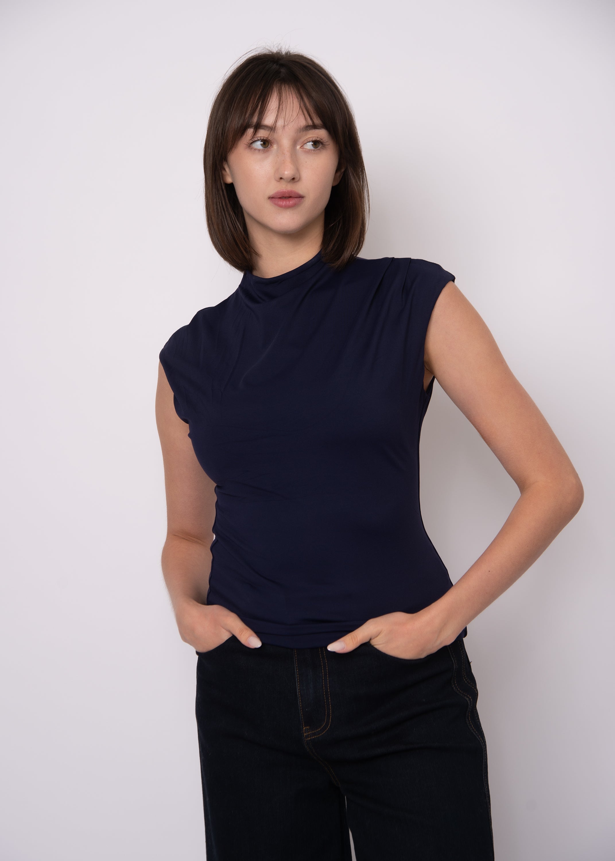 YVETTE FUNNEL NECK TOP - NAVY
