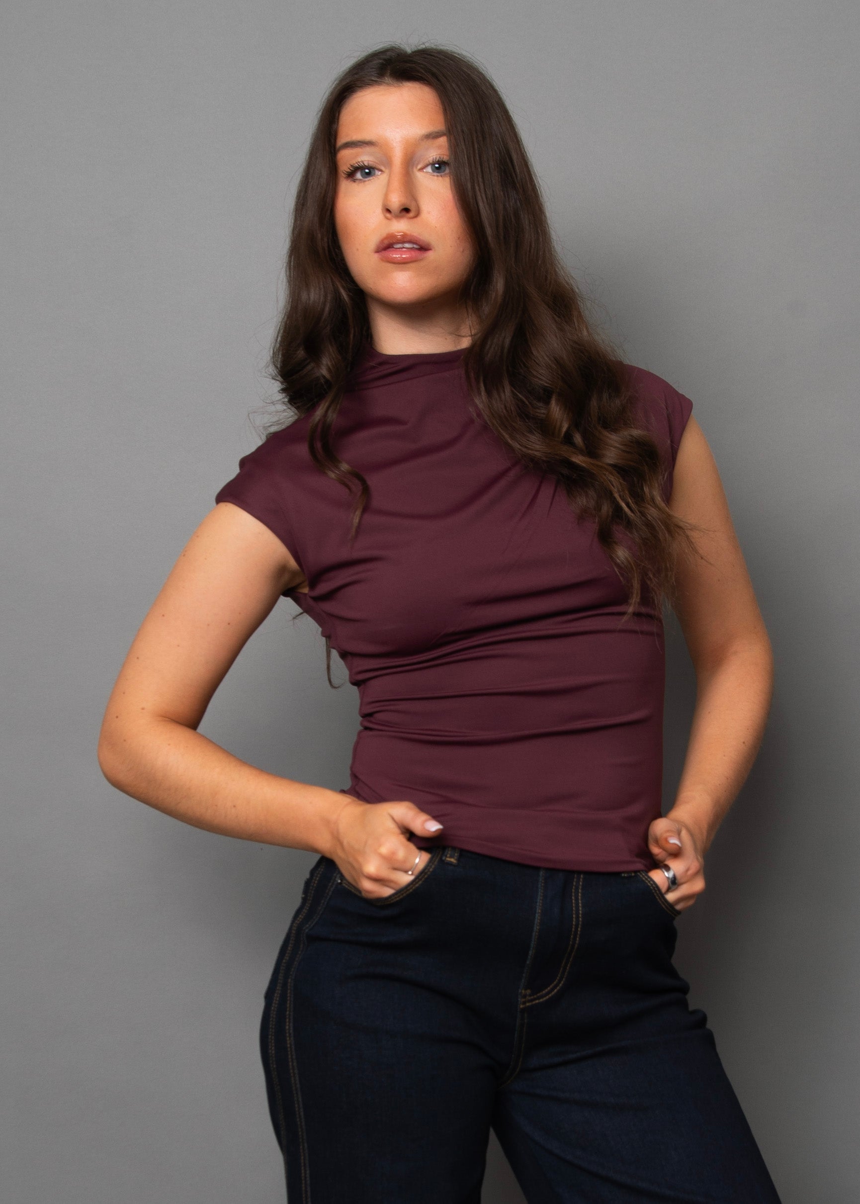 YVETTE FUNNEL NECK TOP - PRUNE