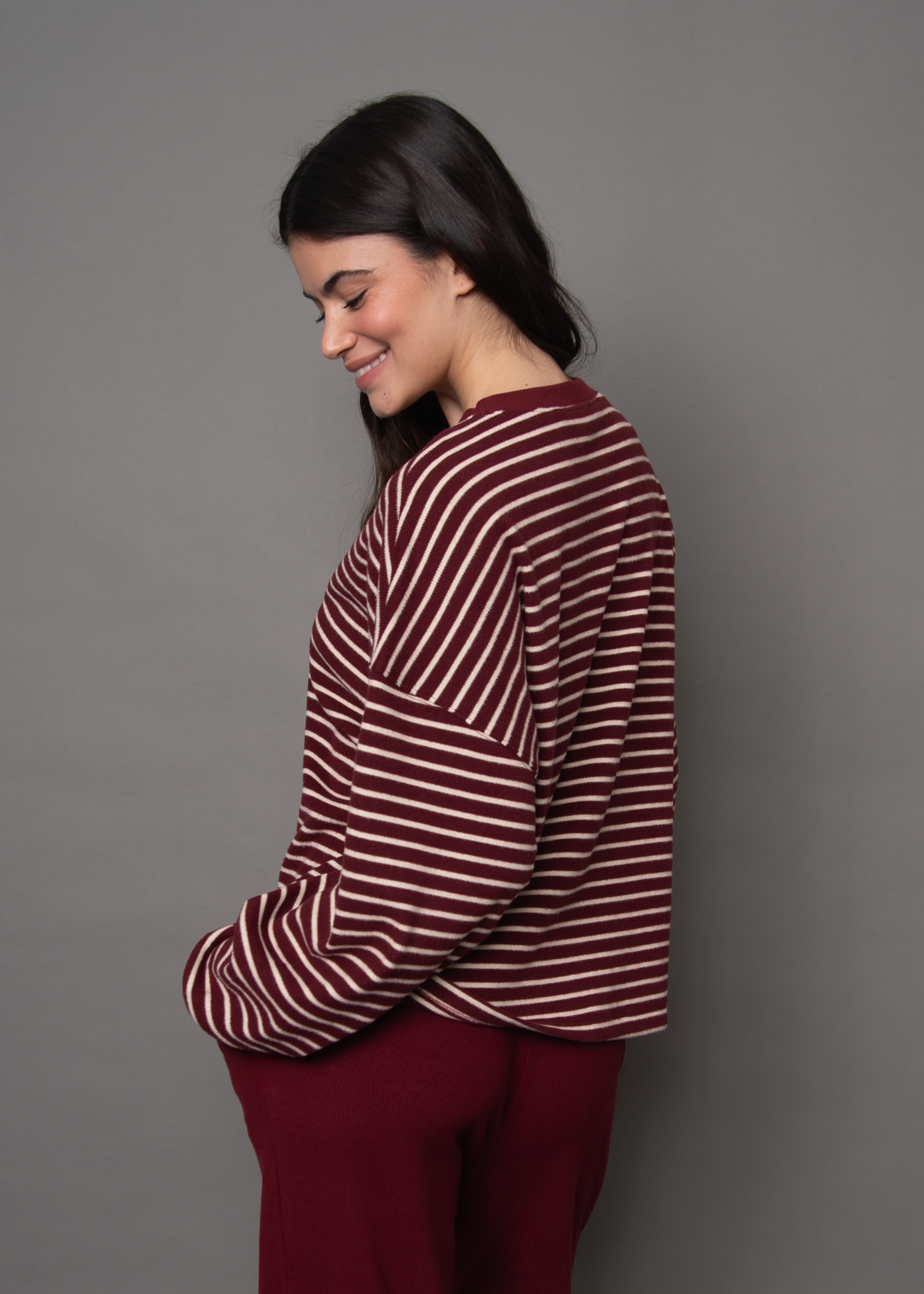 COLBERT STRIPED WAFFLE TOP - BURGUNDY
