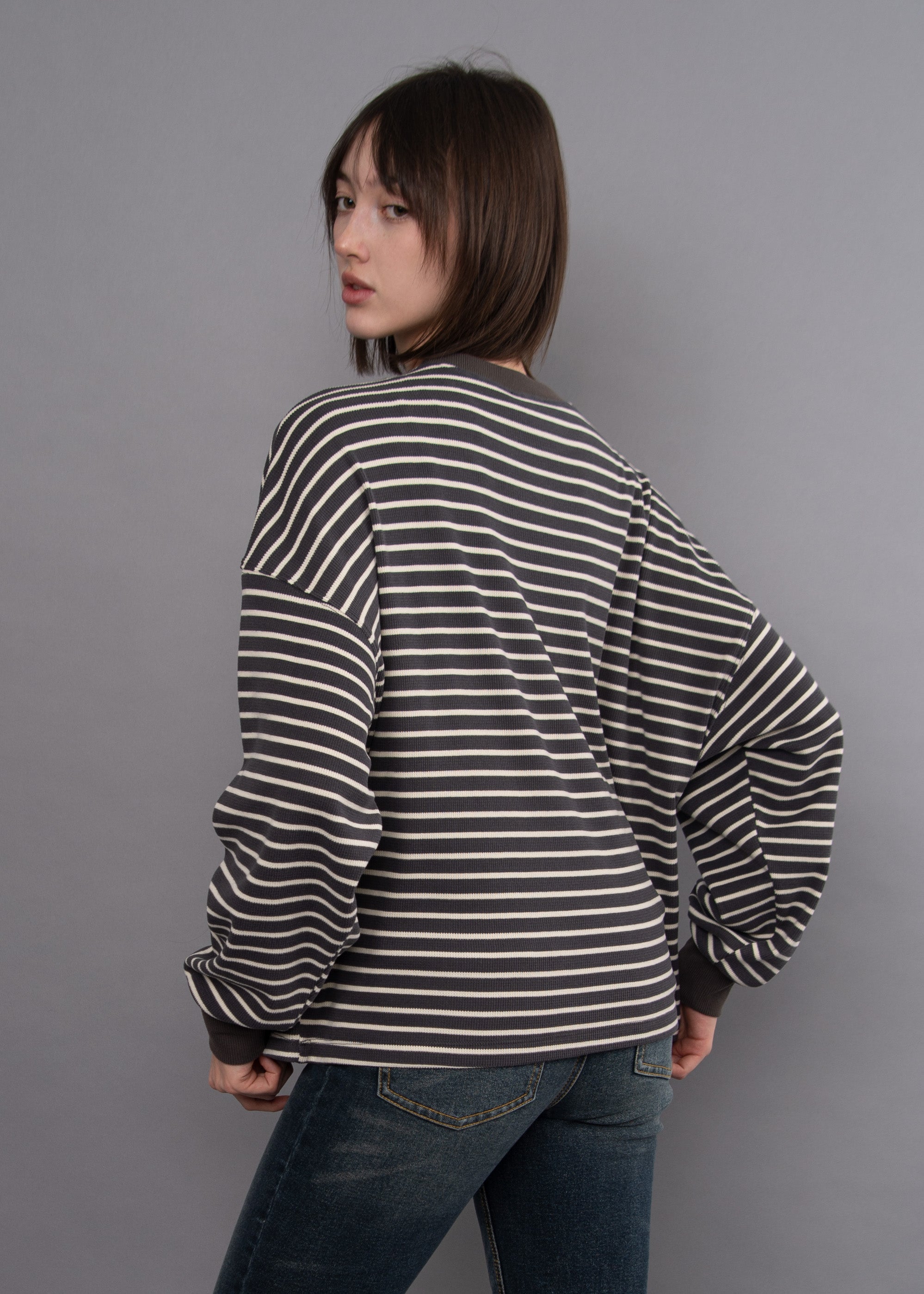 COLBERT STRIPED WAFFLE TOP - COAL
