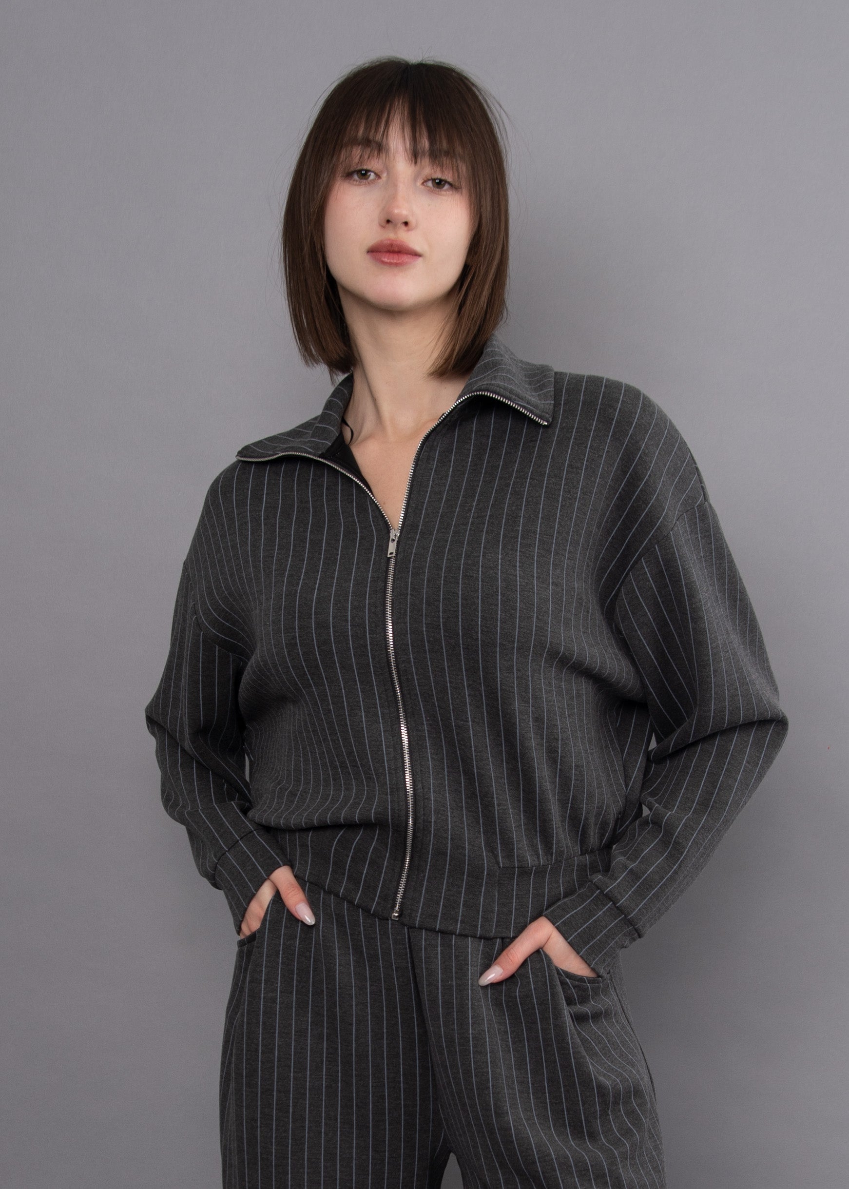 MAURITZ STRIPED SOFT KNIT SWEATER - CHARCOAL