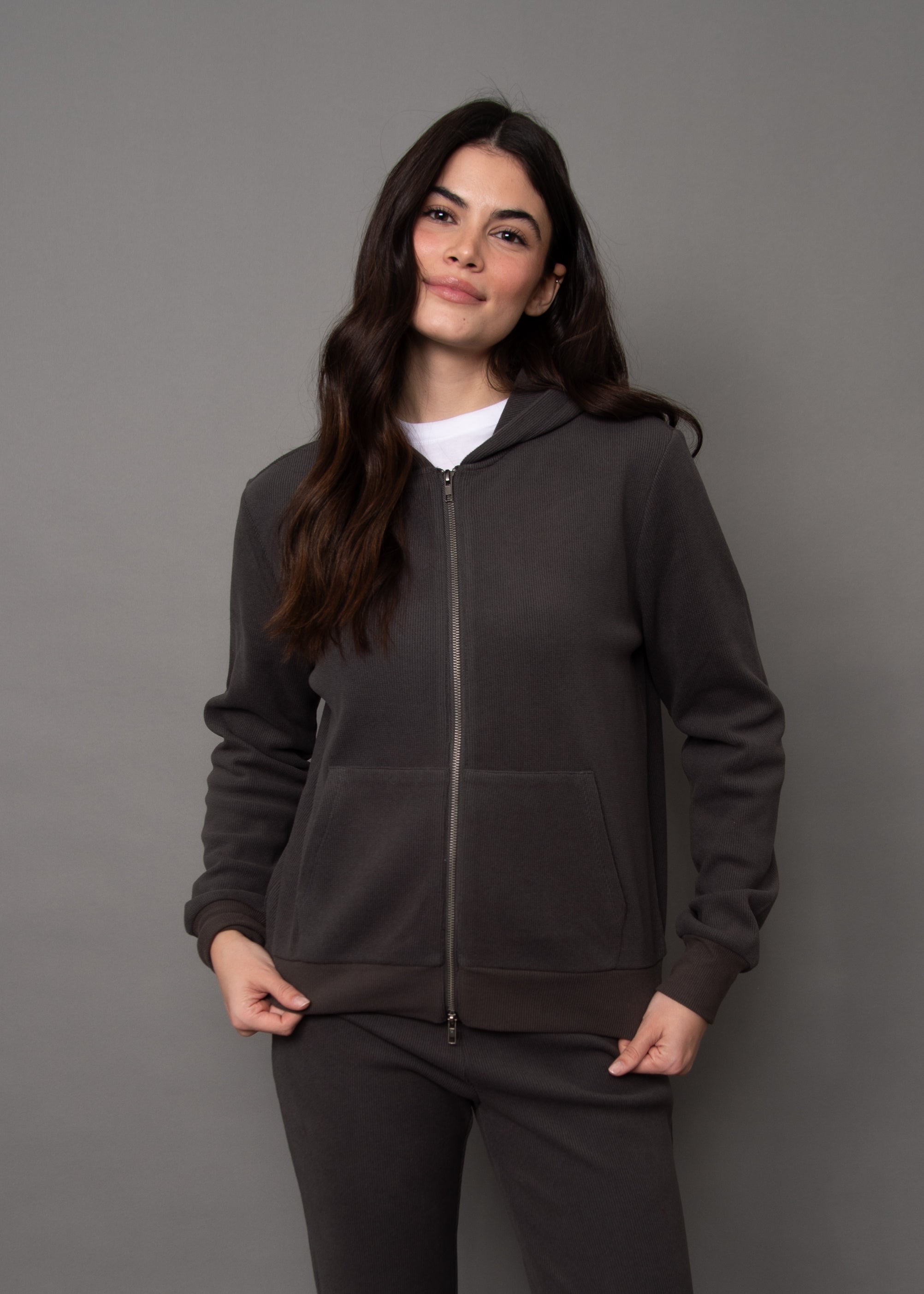 HESTA WAFFLE ZIP UP HOODY - COAL