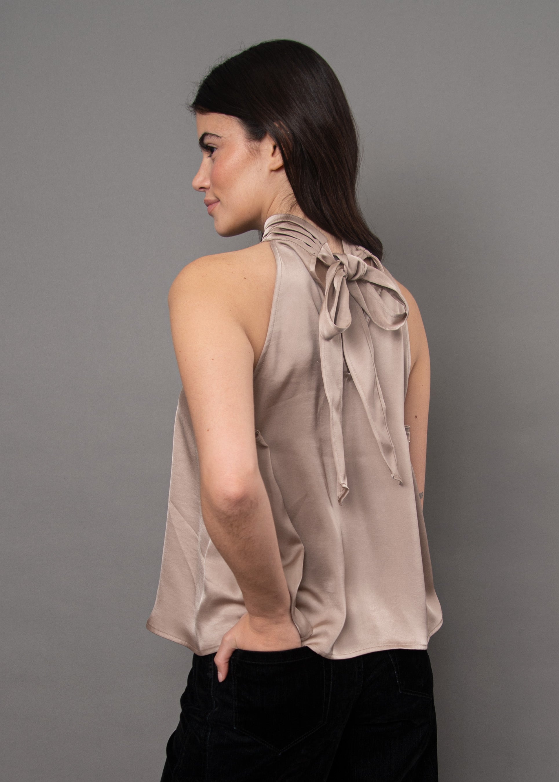 LYSELL SATIN HALTER TOP - TAUPE