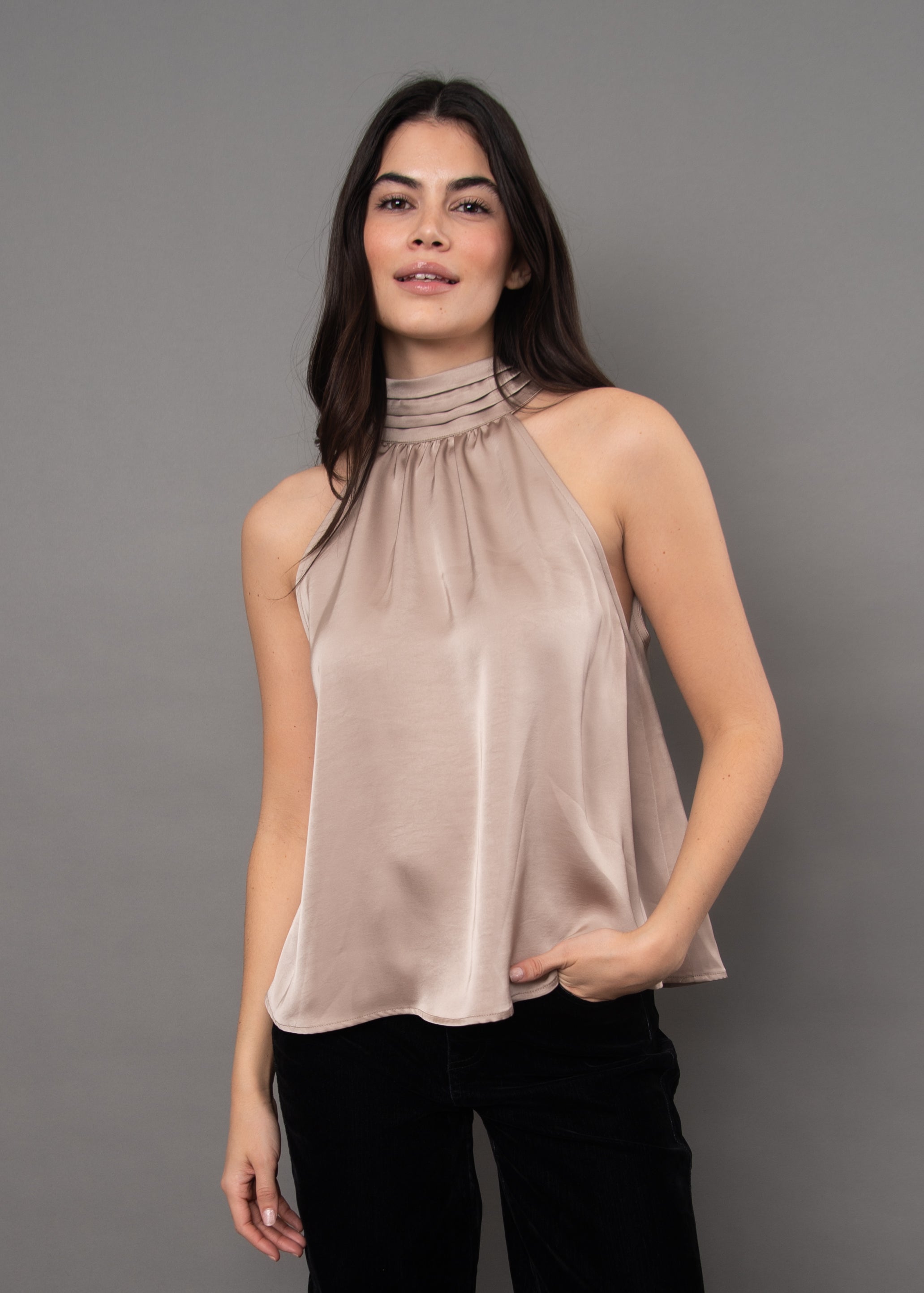 LYSELL SATIN HALTER TOP - TAUPE