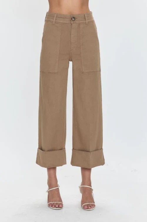 MAYA CUFFED HEM WIDE LEG PANT - BISCUIT