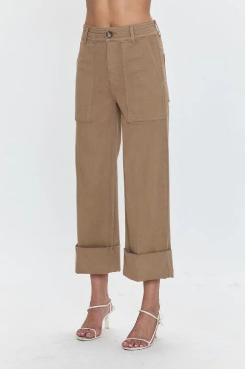 MAYA CUFFED HEM WIDE LEG PANT - BISCUIT