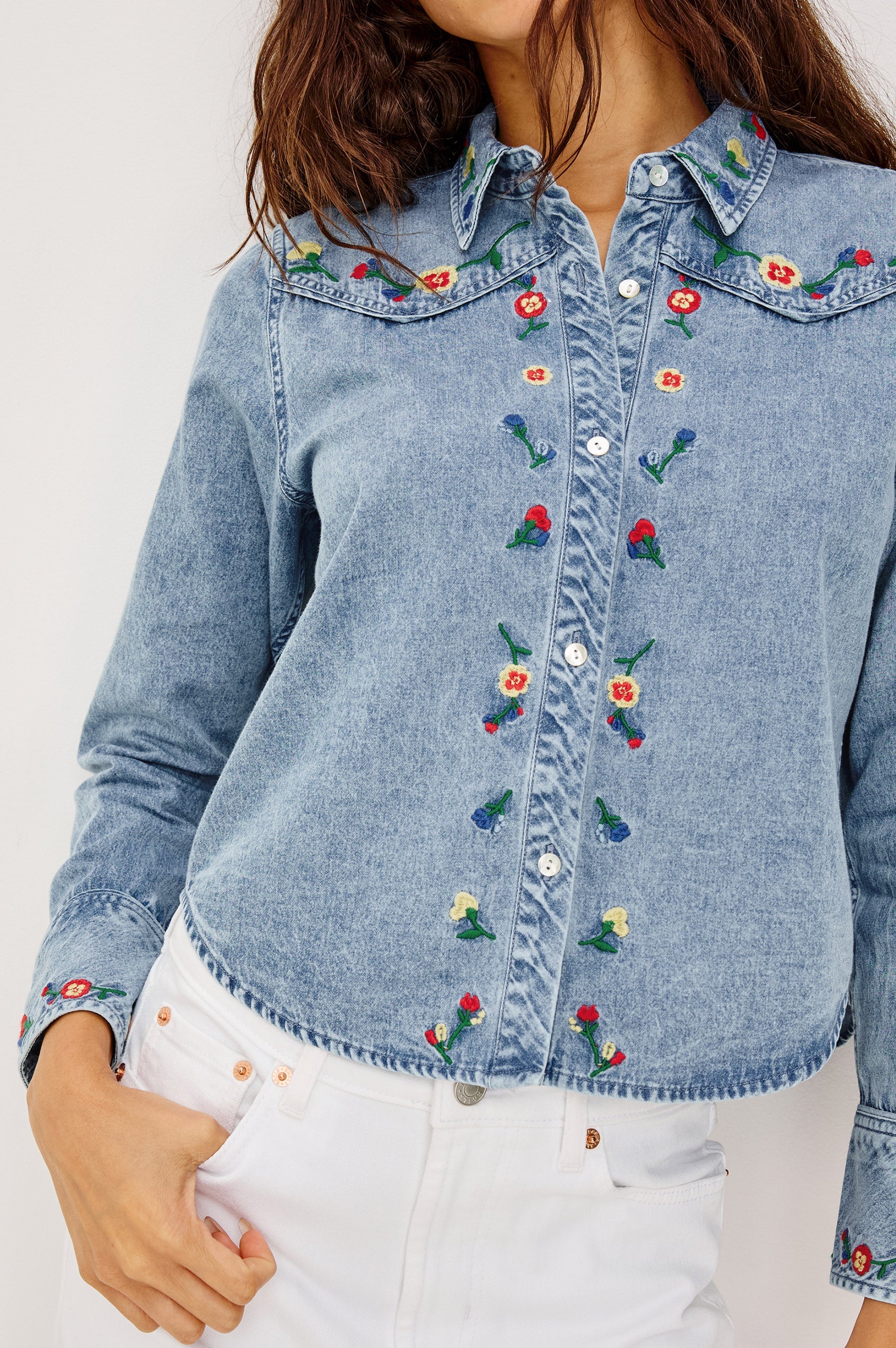 BARI SHIRT - FADED INDIGO FLORAL EMBROIDERY