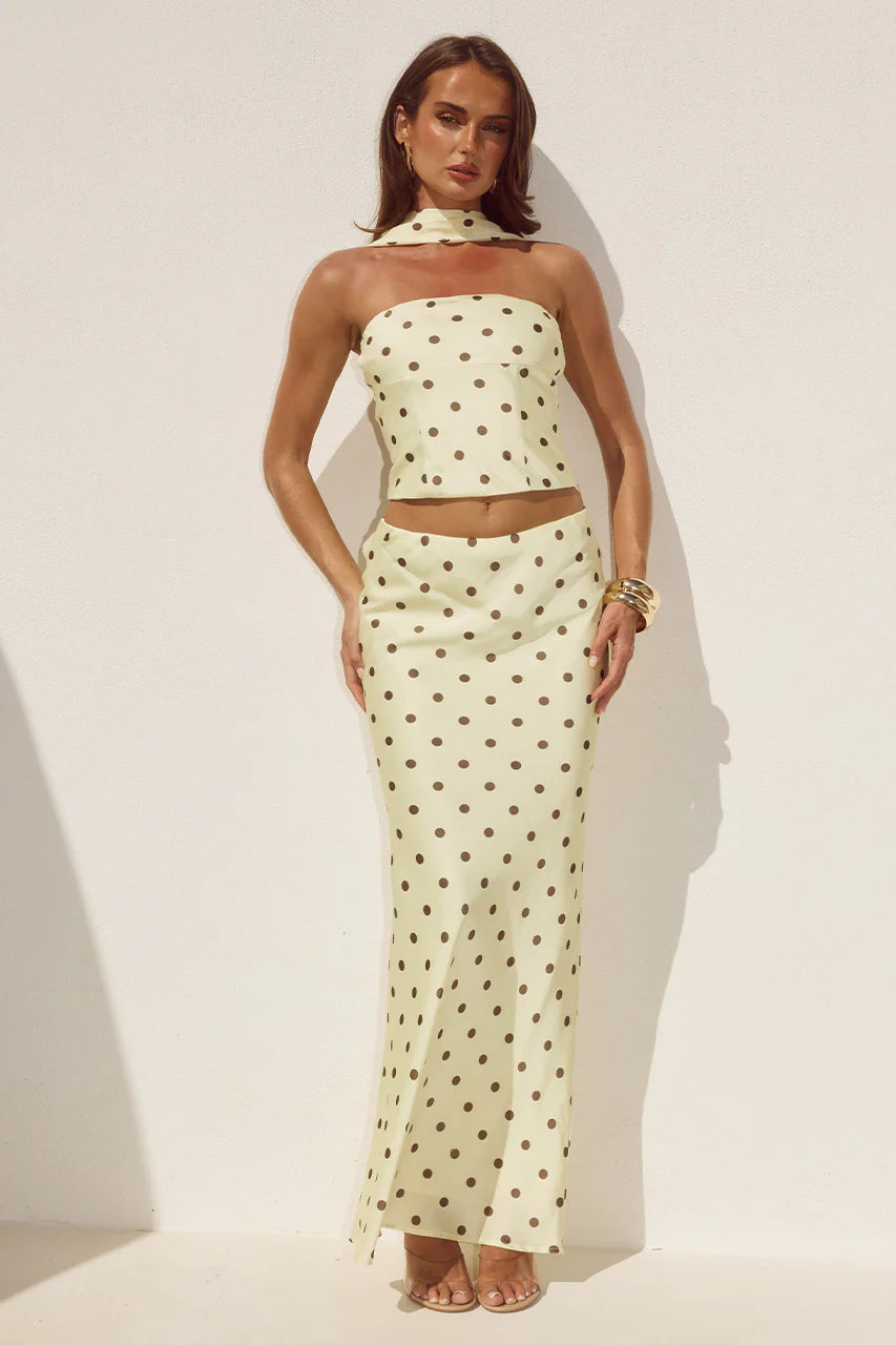 BLAINE REVERSE HALTER TOP - LEMON/CHOC POLKA