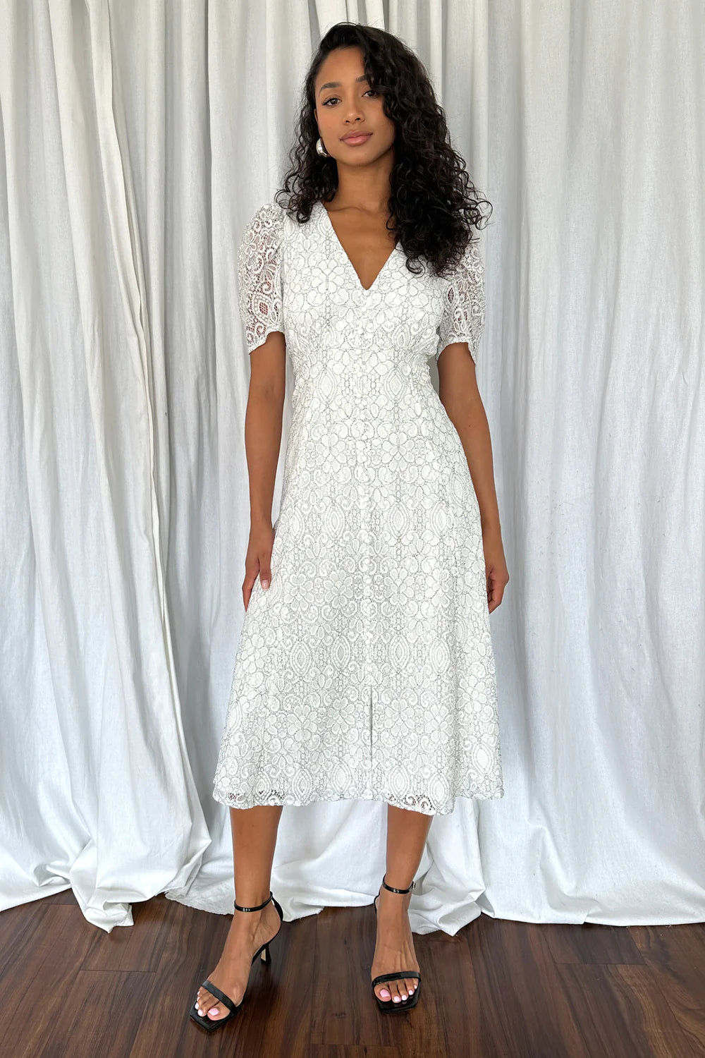 LACEY PUFF SLEEVE MIDI DRESS