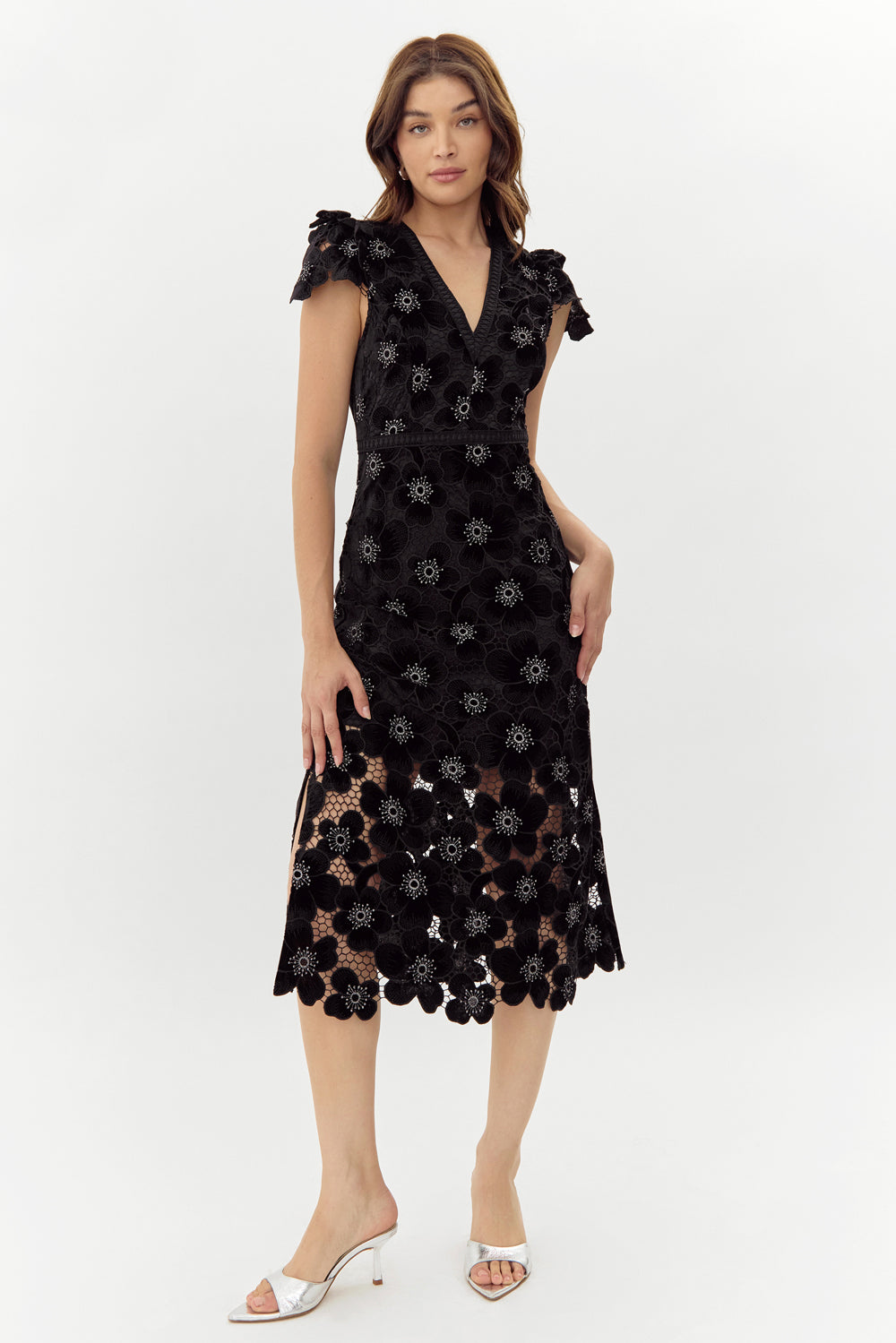 MIA CROCHET LACE MIDI DRESS - BLACK