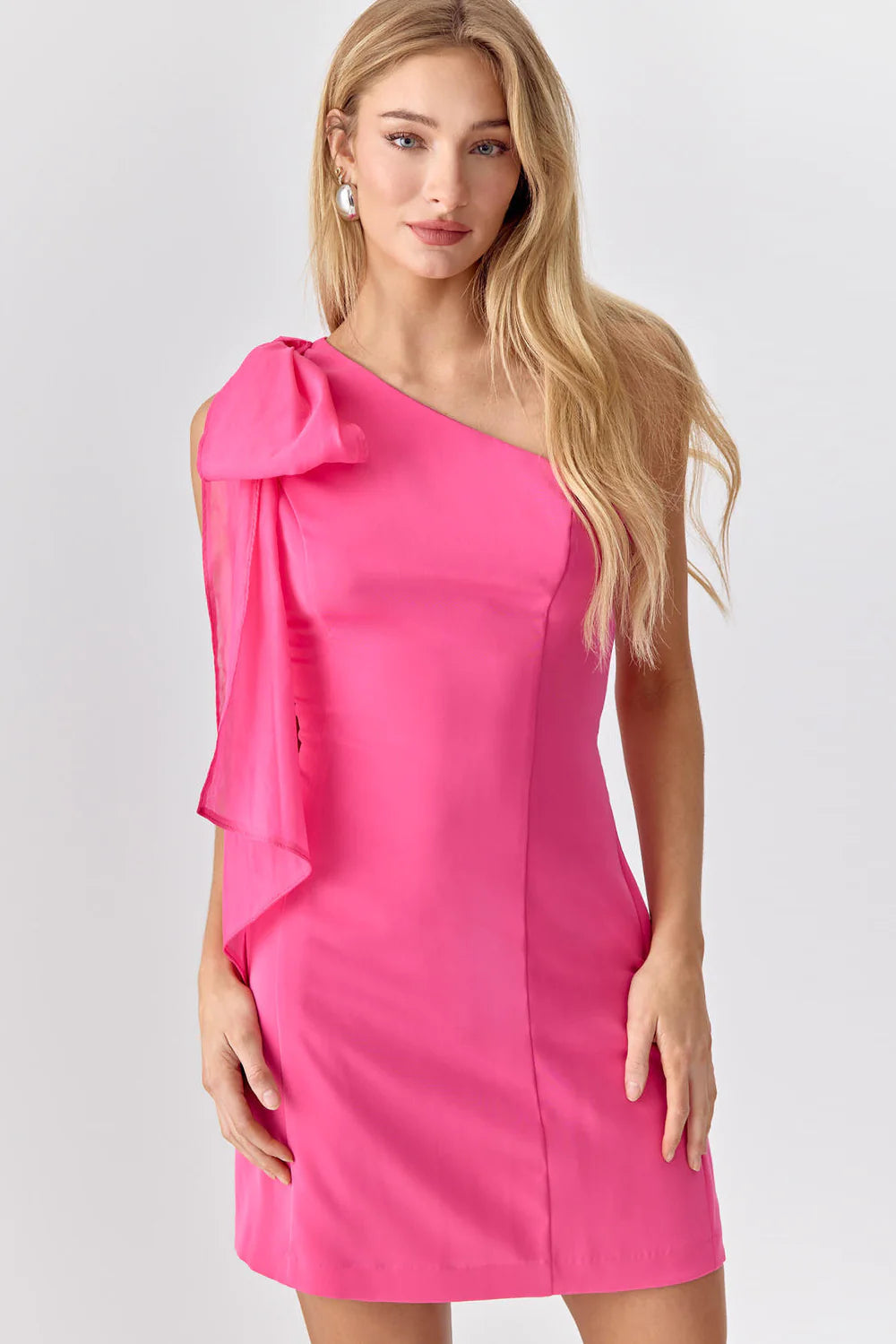 AVERY ONE SHOULDER TIE MINI DRESS - MAGENTA
