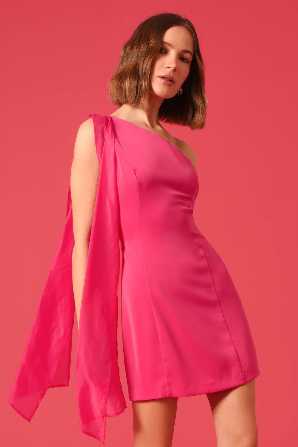 AVERY ONE SHOULDER TIE MINI DRESS - MAGENTA