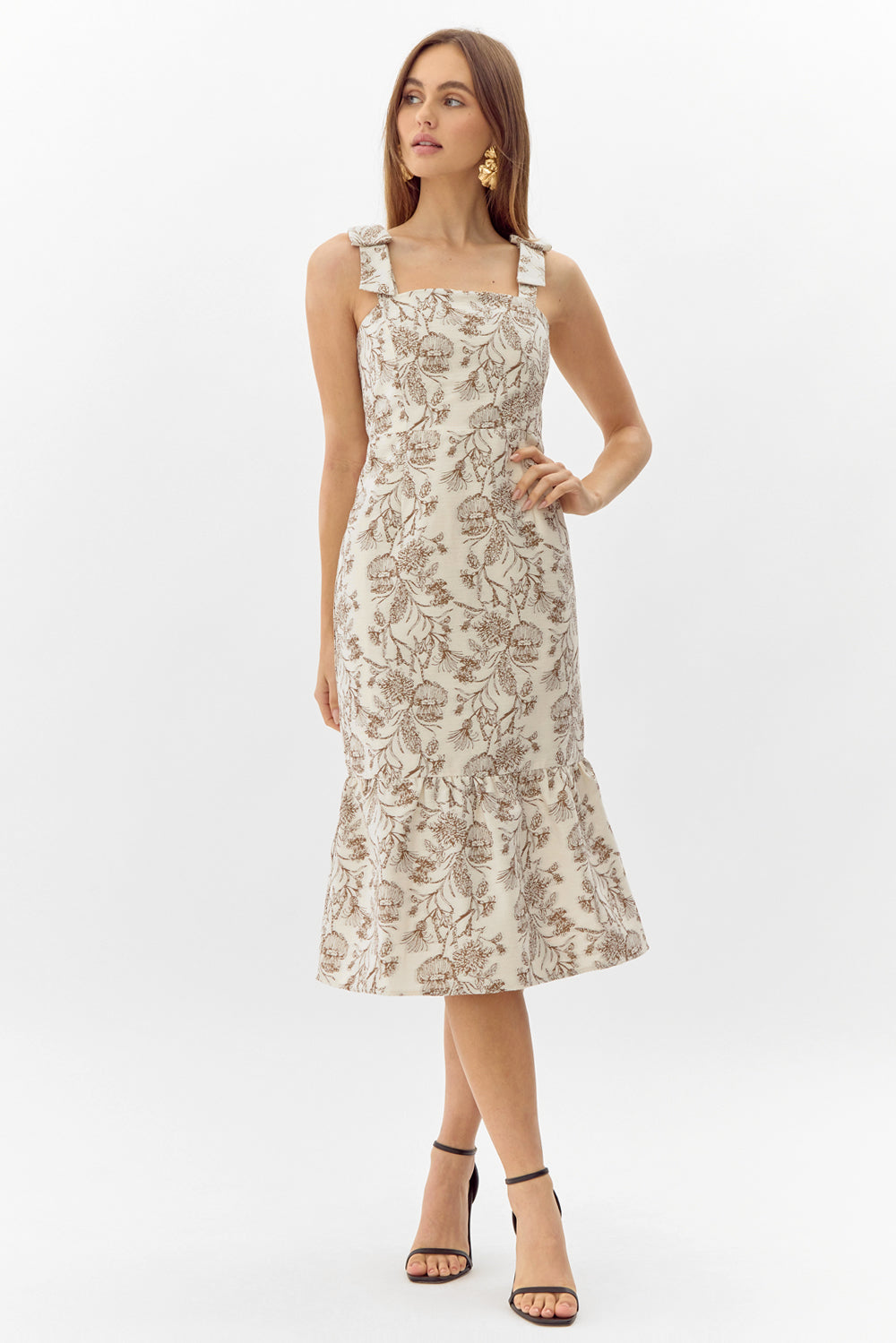SELINA BOW STRAP JACQUARD MIDI DRESS - CREAM/MOCHA