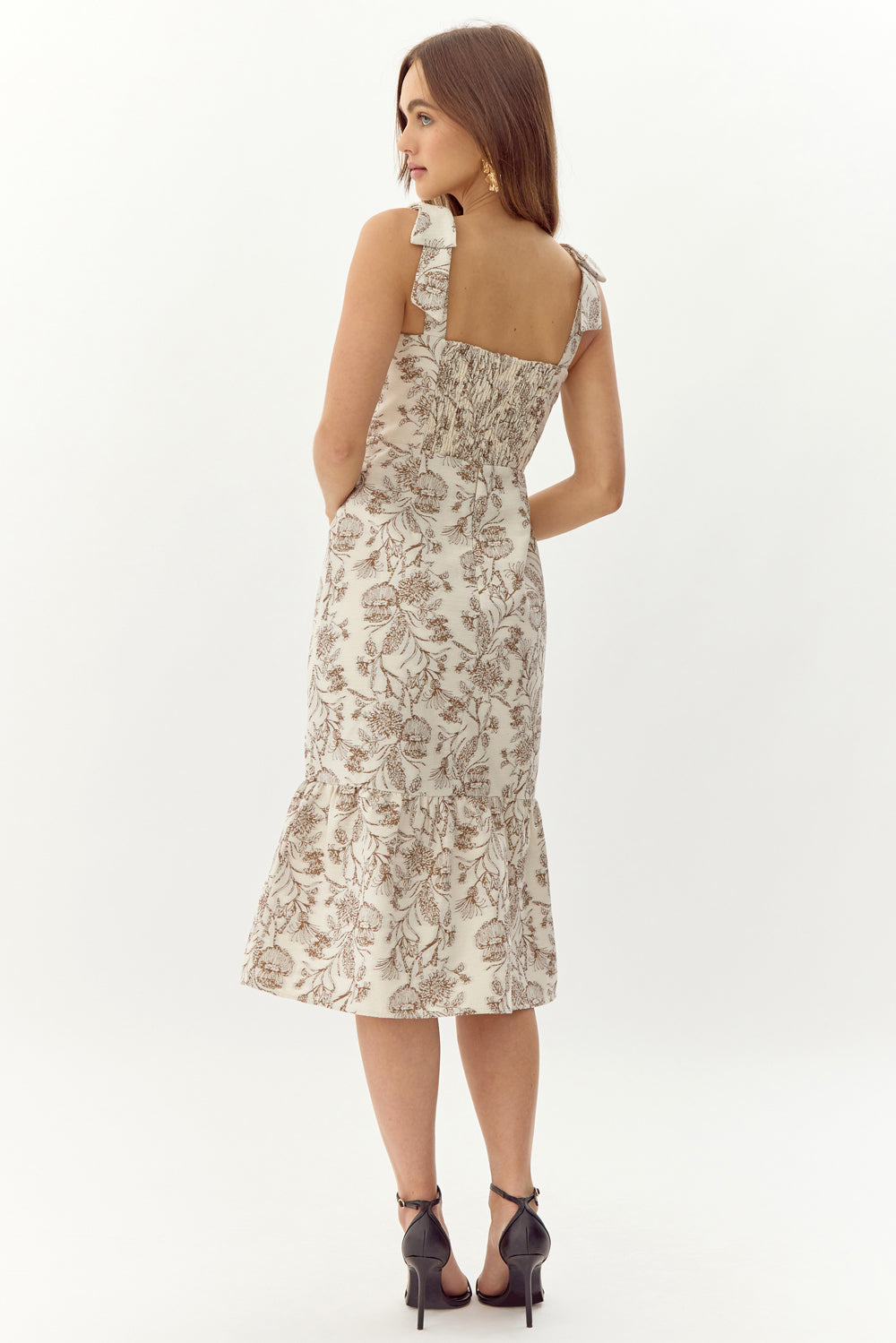 SELINA BOW STRAP JACQUARD MIDI DRESS - CREAM/MOCHA
