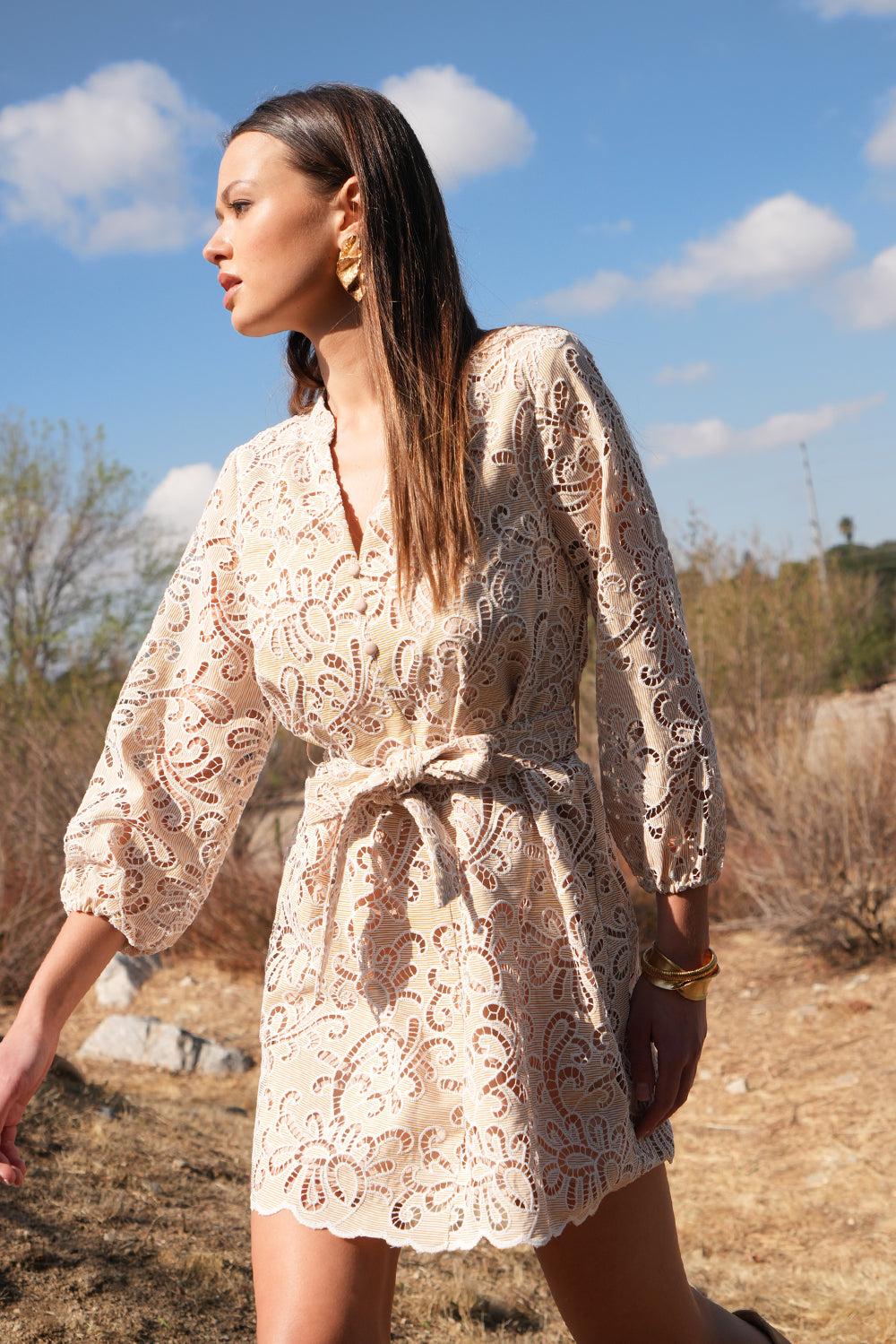 LINA EMBROIDERED EYELET BELTED DRESS