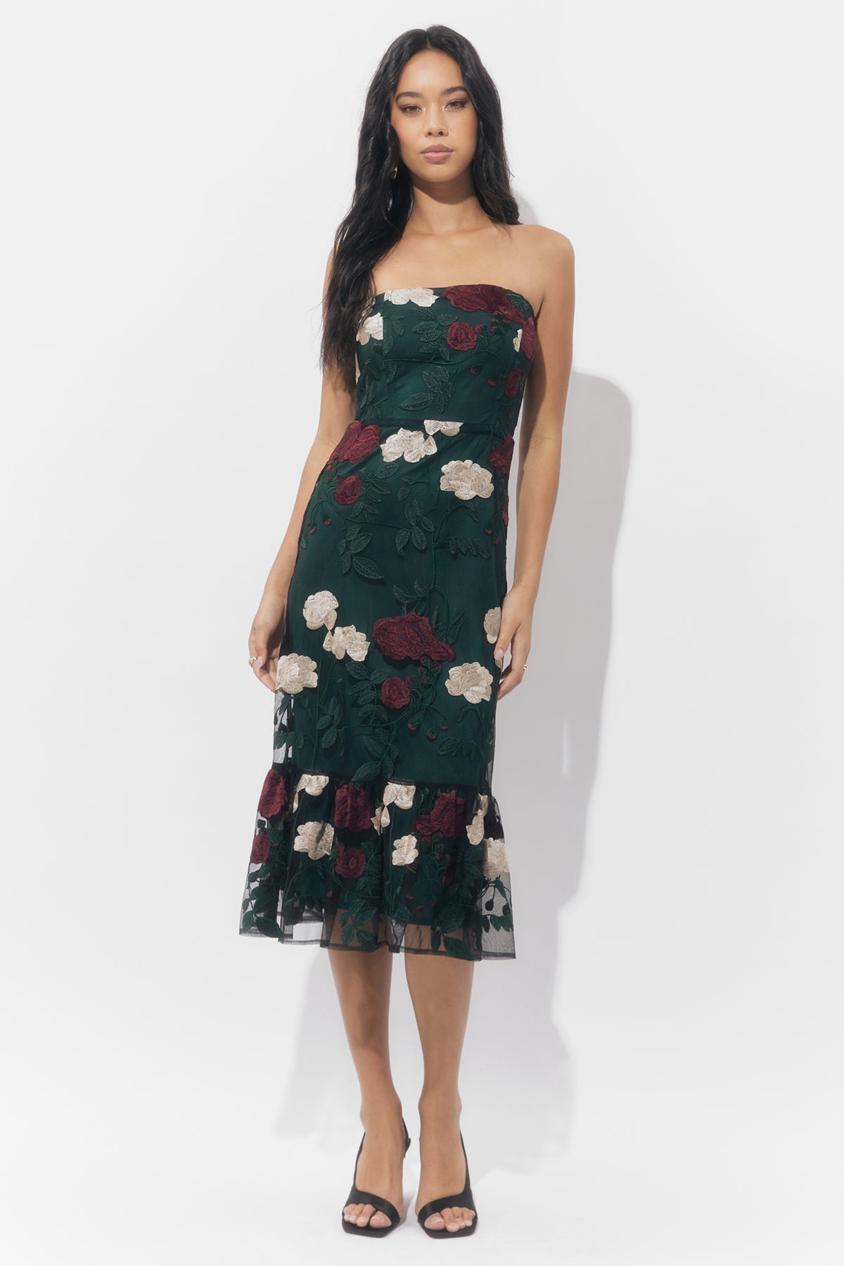 CALITA EMBROIDERED FLORAL MIDI DRESS
