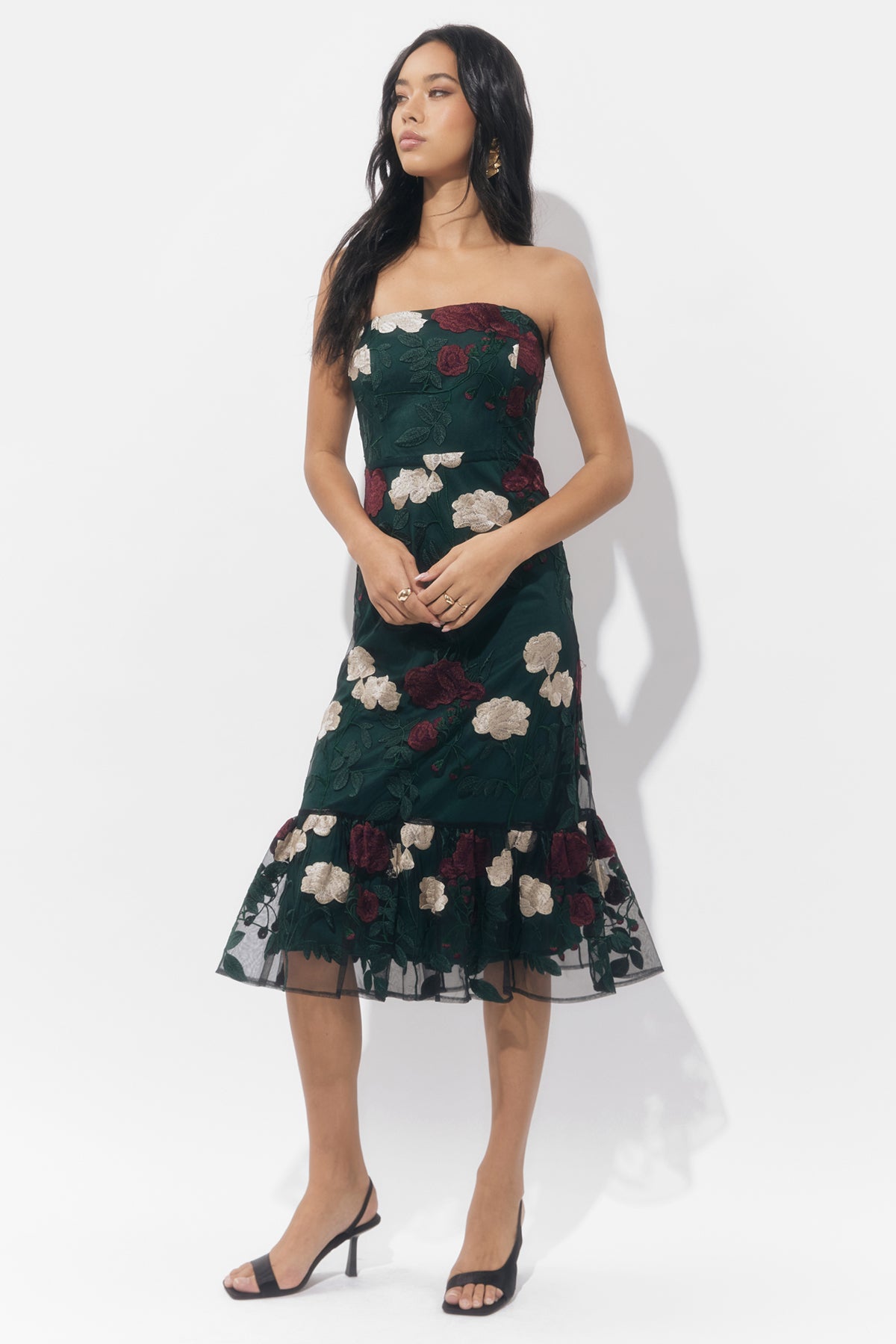 CALITA EMBROIDERED FLORAL MIDI DRESS