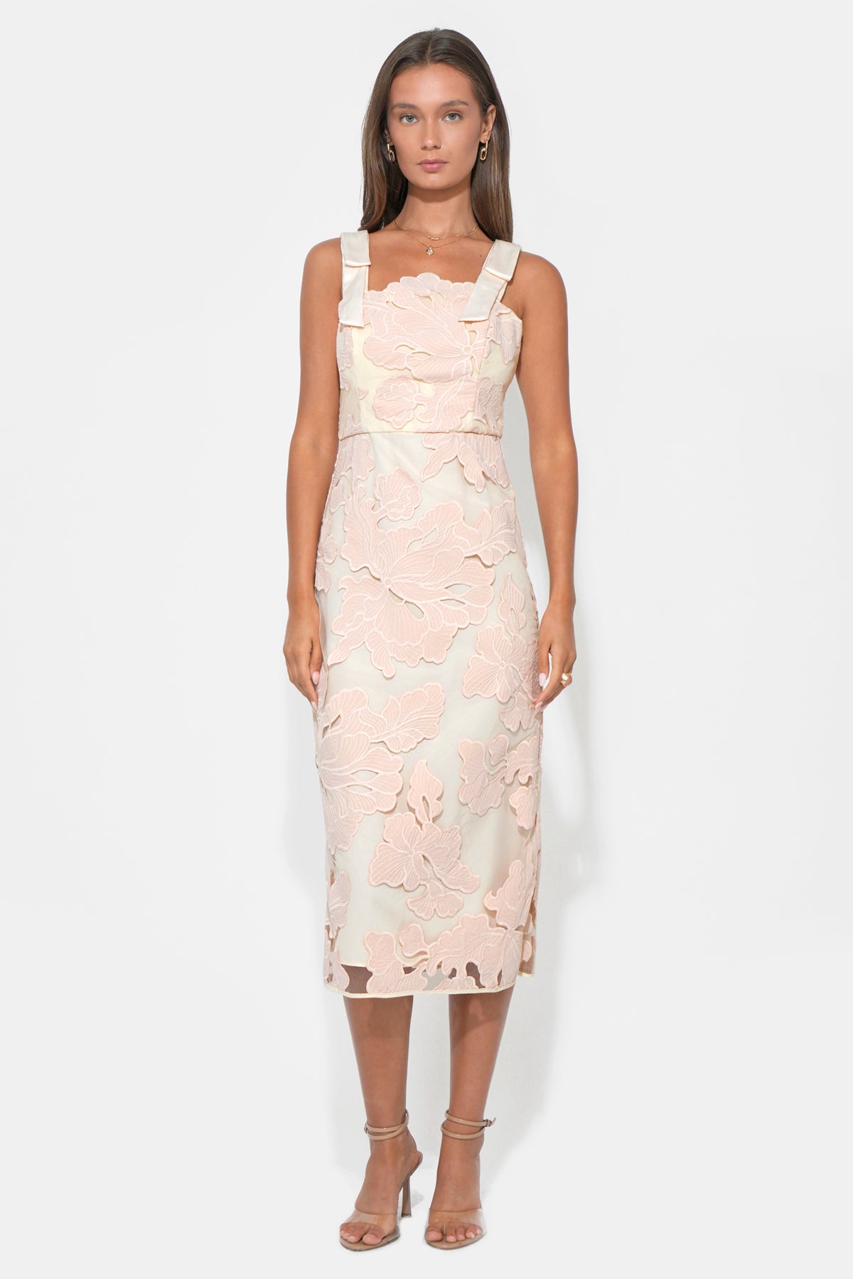 GABRIELLA BOW STRAP EMBROIDERED MIDI DRESS