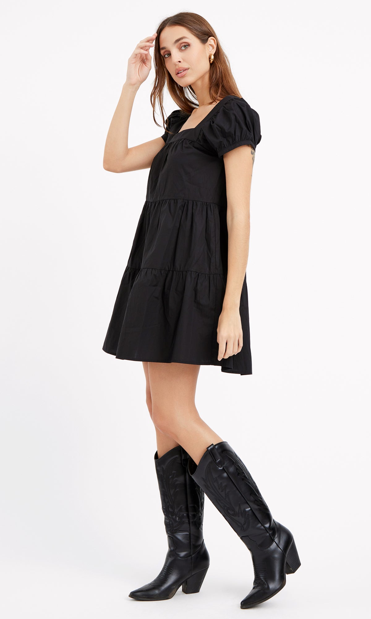 LORA POPLIN CAP SLEEVE TIERED DRESS