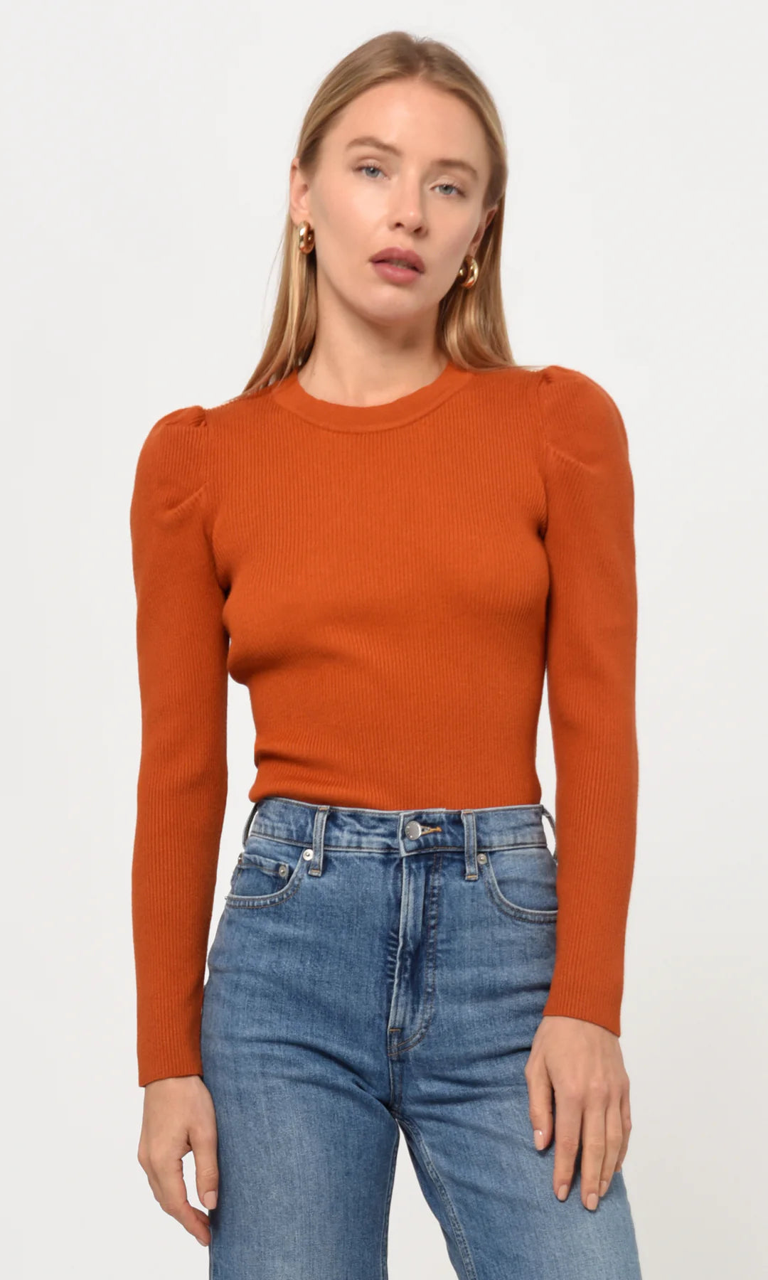 FELINA PUFF SLEEVE RIBBED KNIT TOP - ORANGE