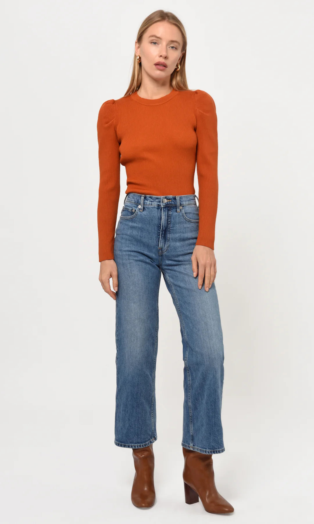 FELINA PUFF SLEEVE RIBBED KNIT TOP - ORANGE