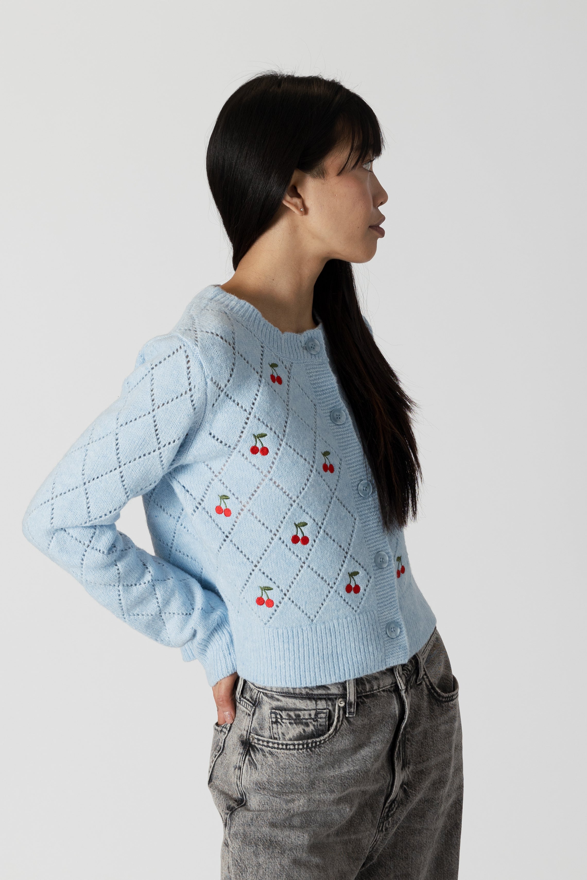 LACEY EMBROIDERED CHERRY CARDIGAN - BLUE