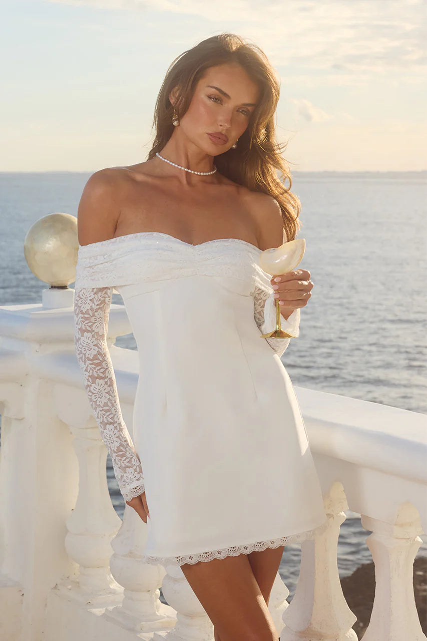 LEONA LACE LONG SLEEVE MINI DRESS - WHITE