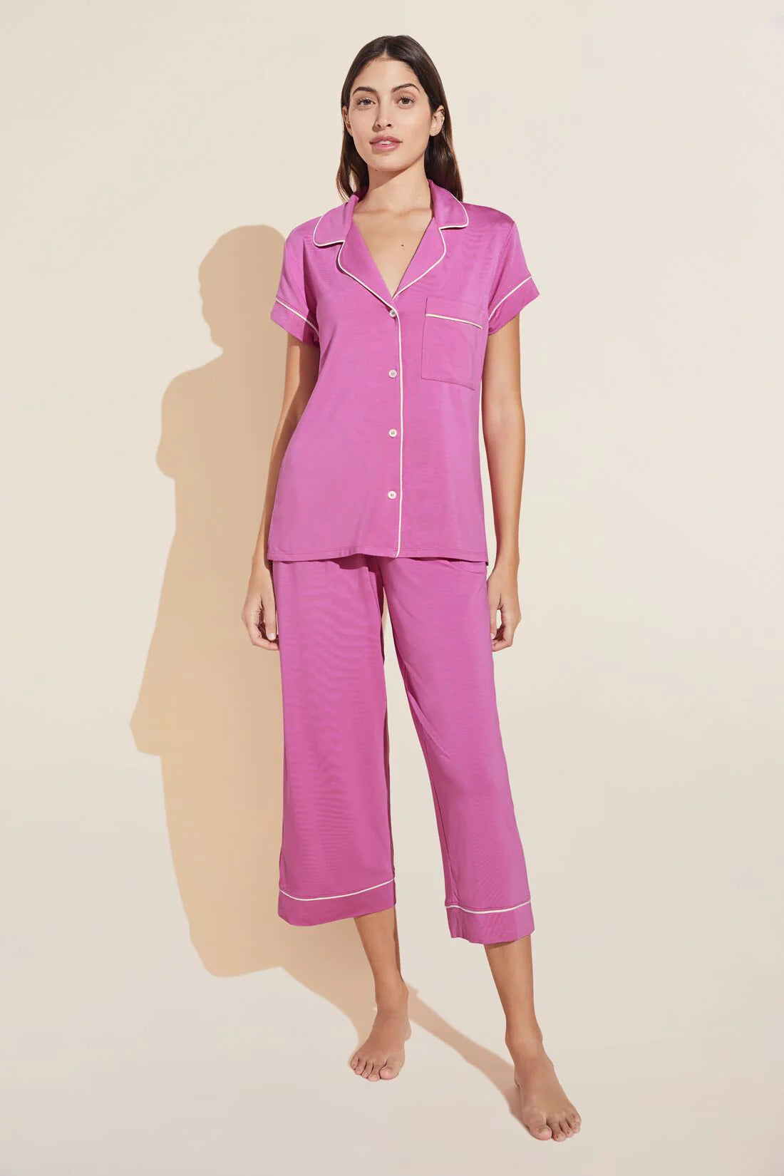 GISELE SHORT SLEEVE CROPPED PJ SET - ITALIAN ROSE/IVORY