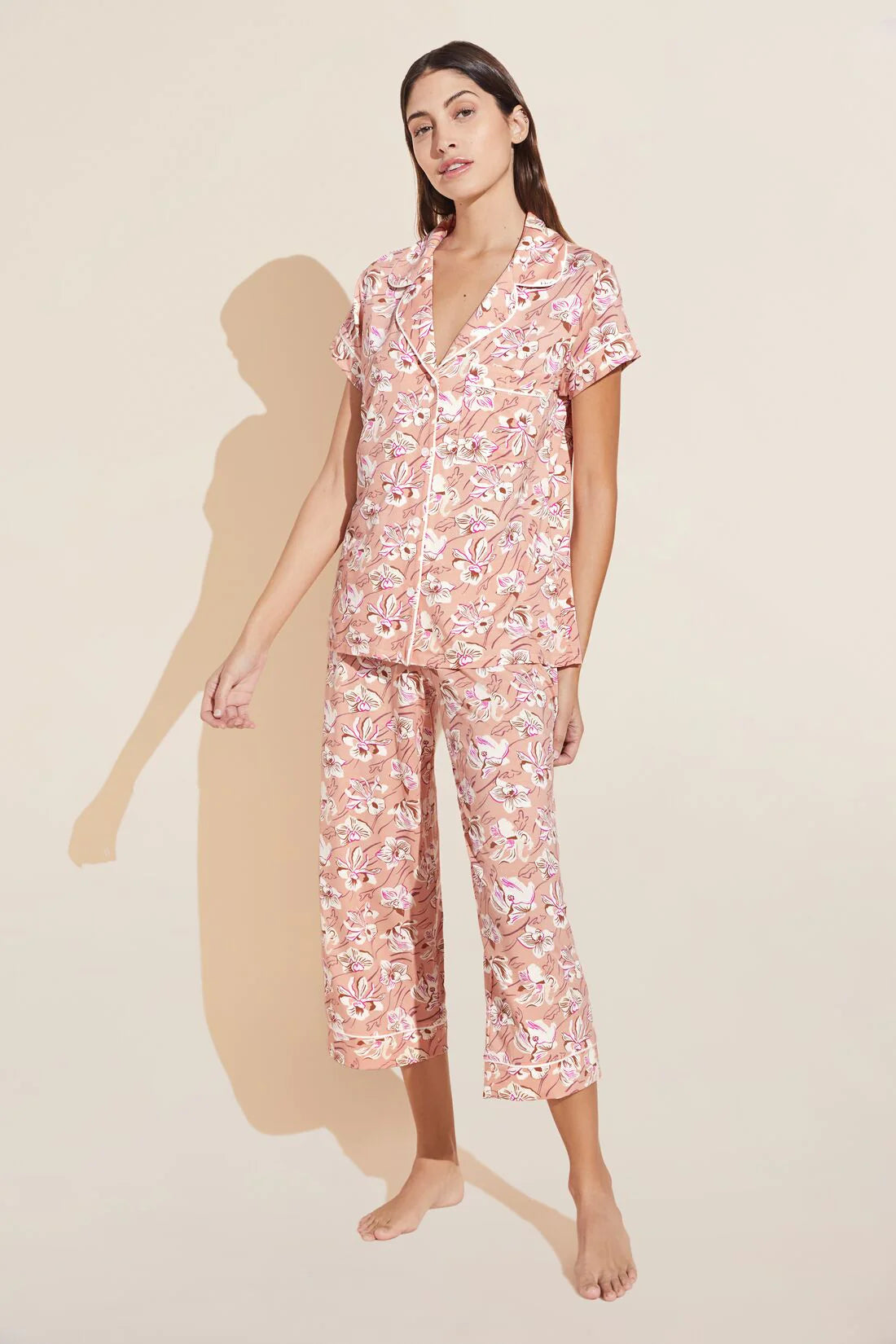 GISELE PRINTED MODAL SHORT SLEEVE CROPPED PJ SET - FIORE ROSE CLOUD/IVORY