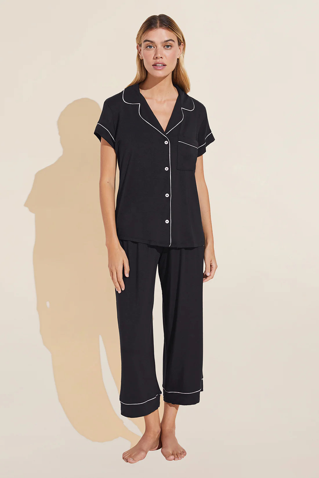 GISELE SHORT SLEEVE CROPPED PJ SET - BLACK/SORBET PINK