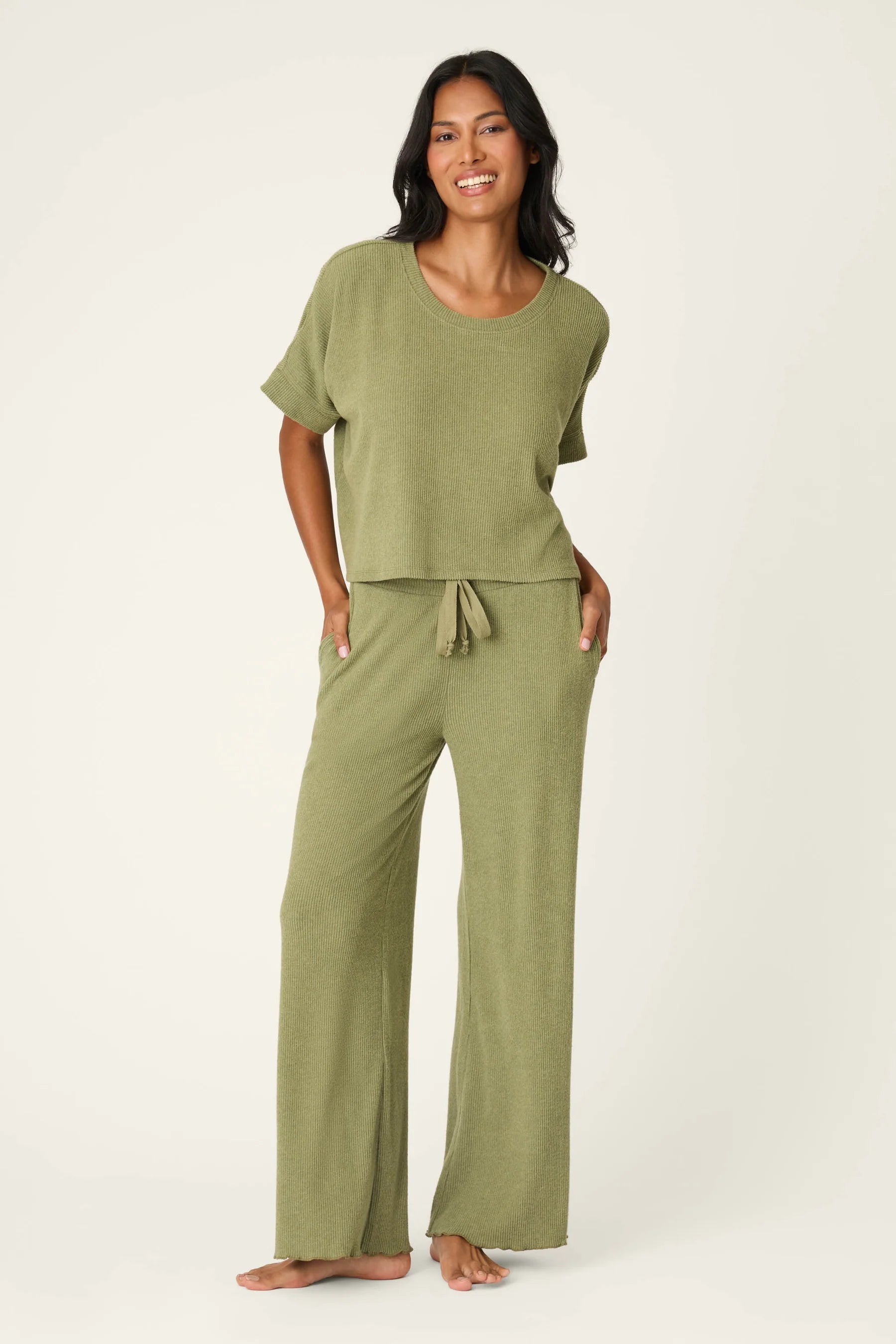 SOFT OLIVE RIB KNIT LOUNGE SET