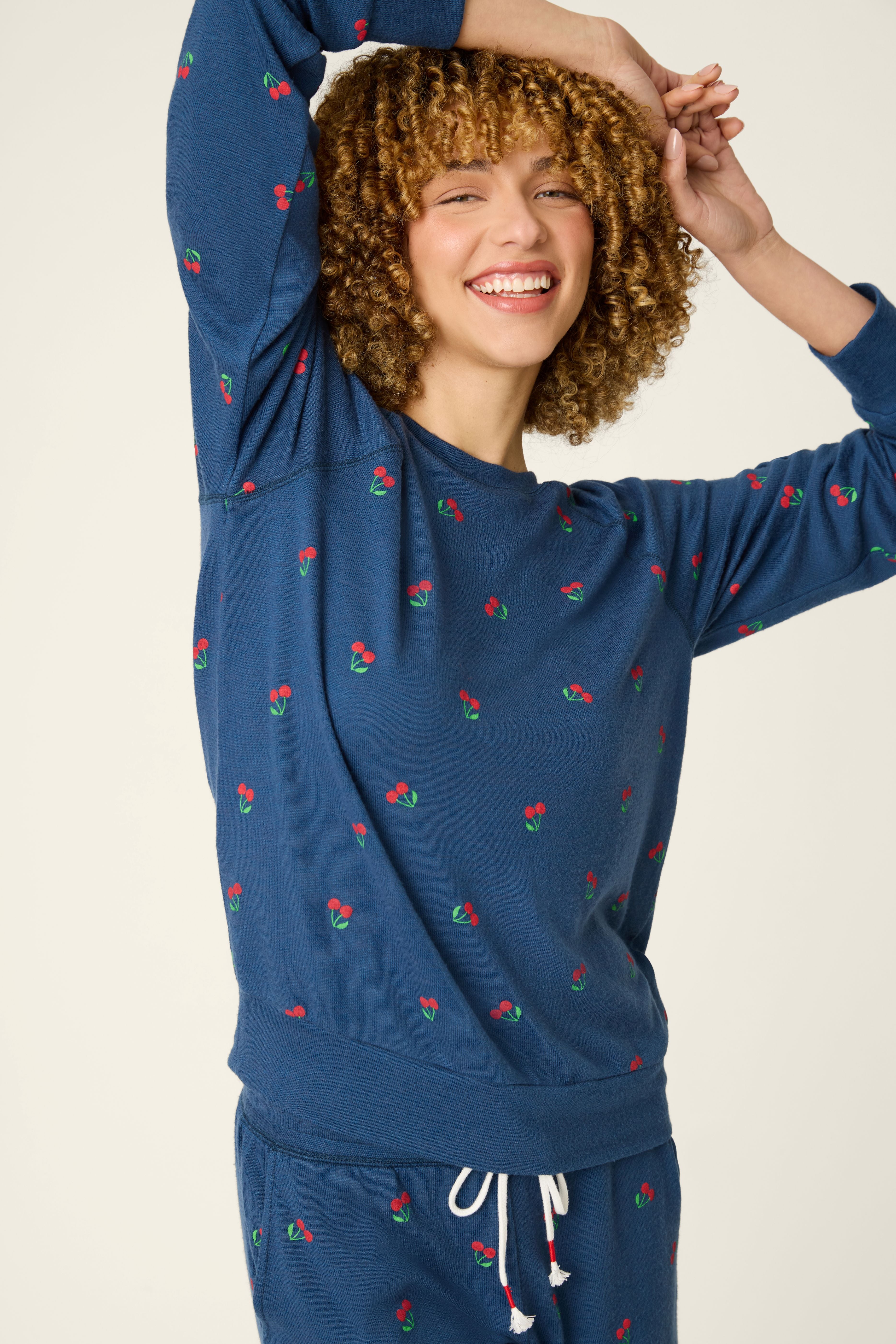 CHERRY PRINT LONG SLEEVE PJ TOP