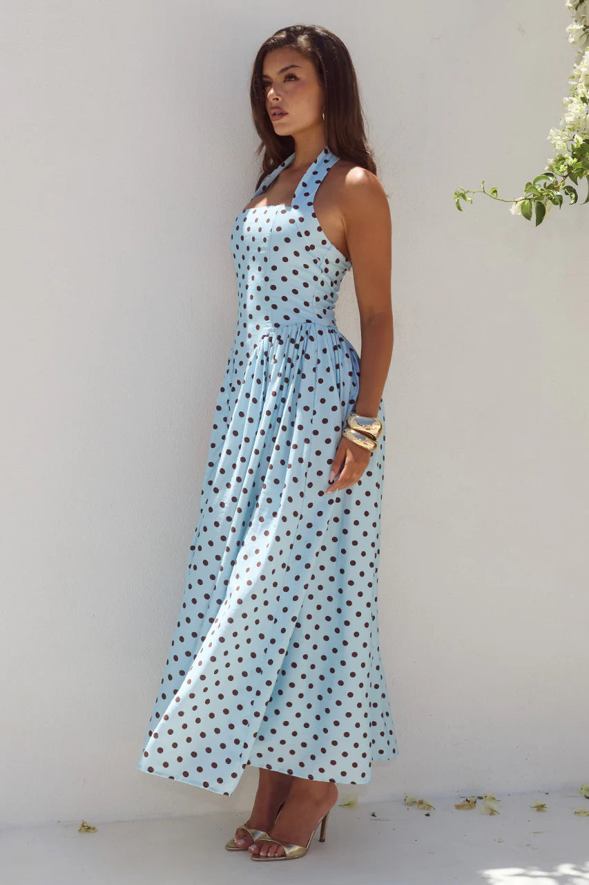 SAMMI HALTER MIDI DRESS - SKY BLUE/CHOC POLKA