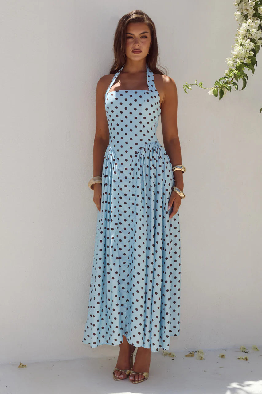 SAMMI HALTER MIDI DRESS - SKY BLUE/CHOC POLKA
