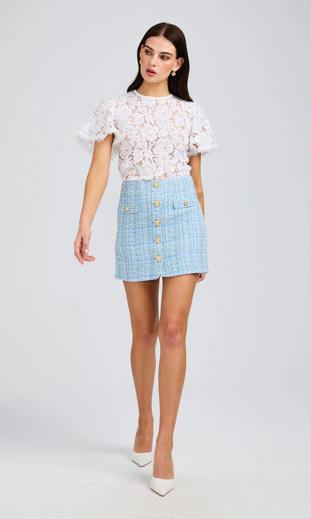 JINNY TWEED SKIRT - SKY BLUE