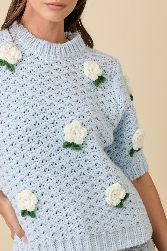 CLARE CROCHET KNIT TOP - LIGHT BLUE