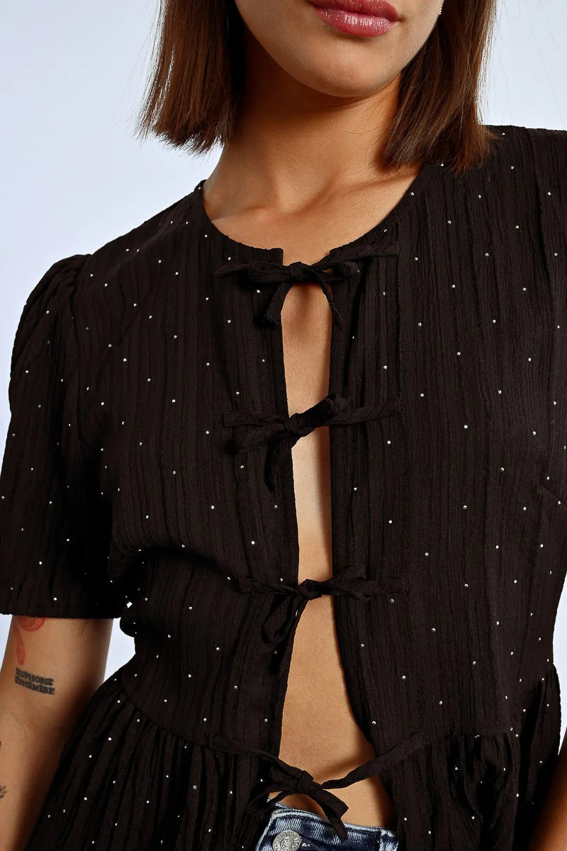 RHINESTONE TIE BLOUSE