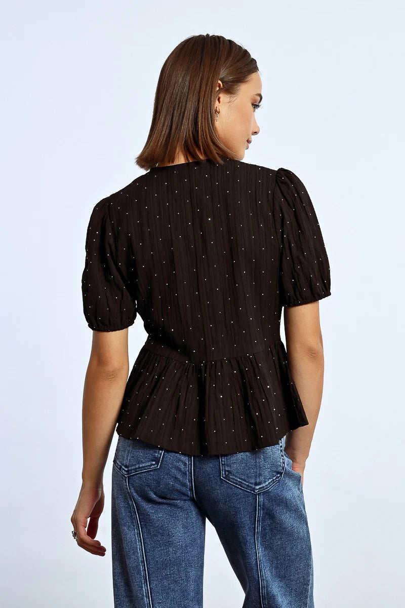 RHINESTONE TIE BLOUSE